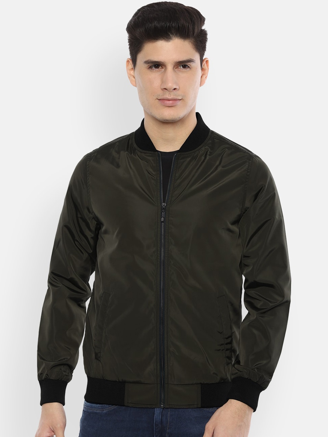 V Dot Men Black Solid Bomber Jacket
