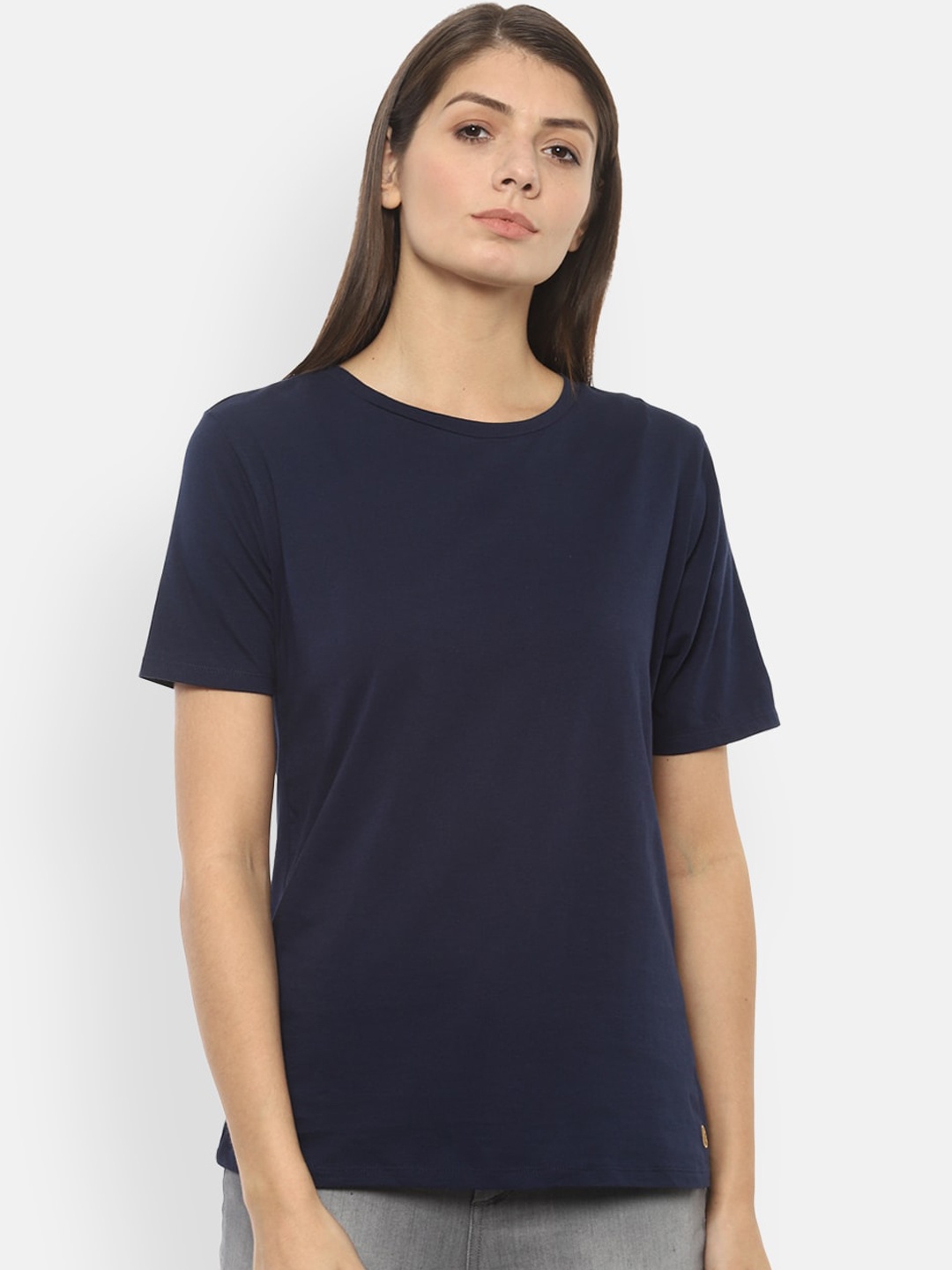 

Van Heusen Woman Navy Blue Solid Pure Cotton Top