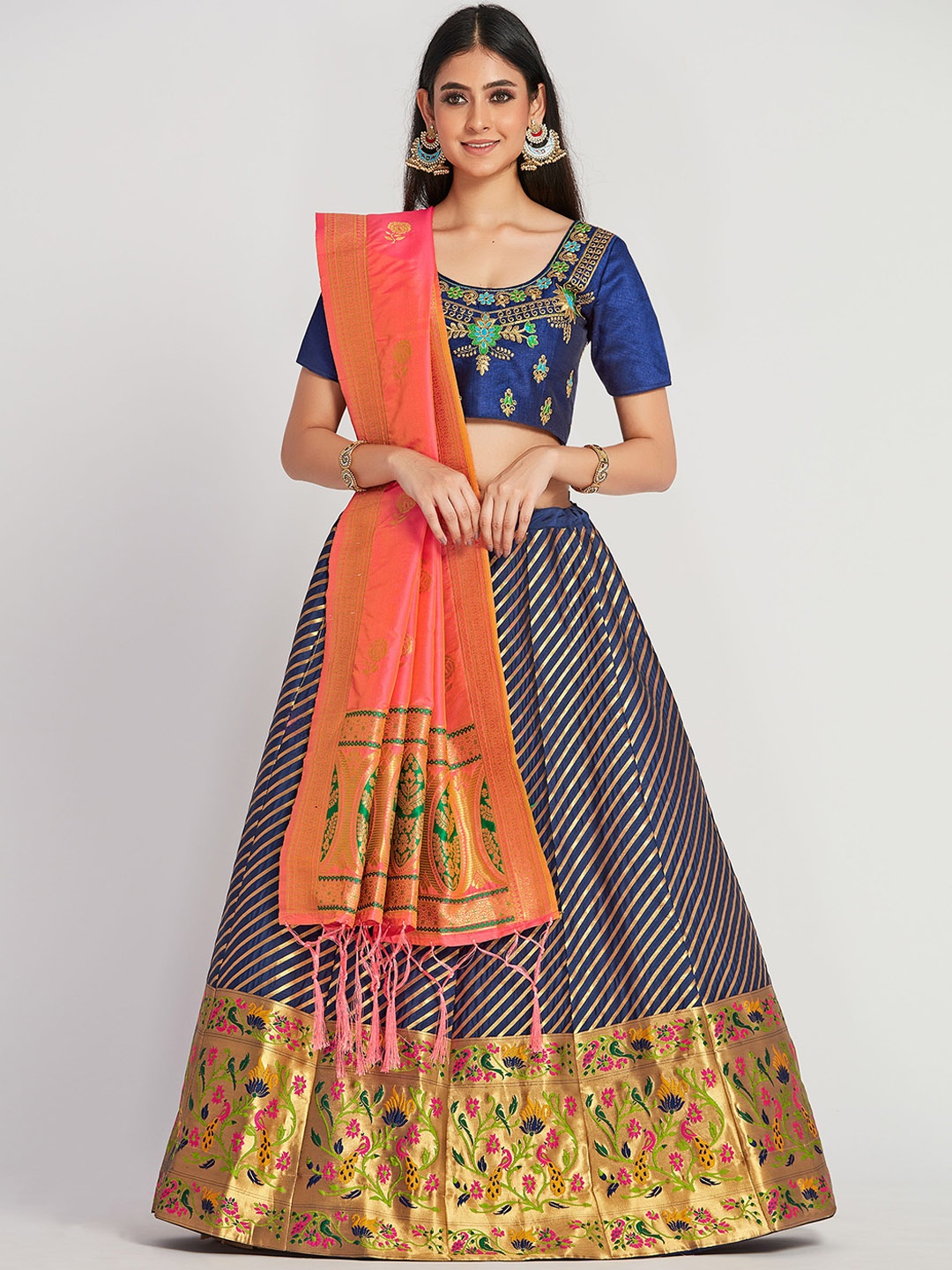 

MIMOSA Blue & Orange Semi-Stitched Lehenga & Blouse with Dupatta