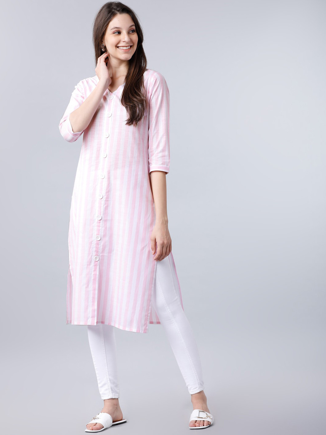 

Vishudh Women Pink & White Striped A-Line Kurta