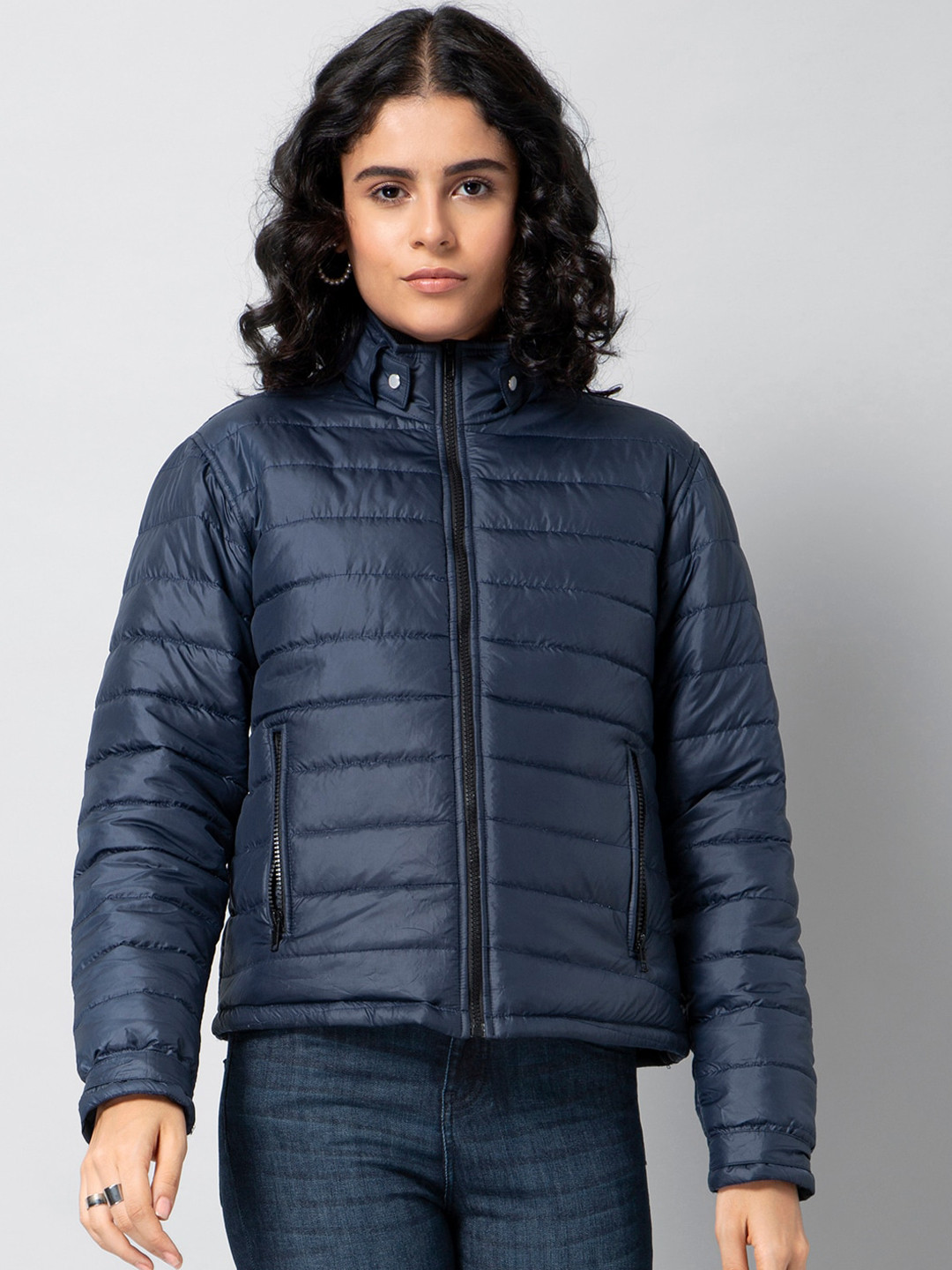 

FabAlley Women Navy Blue Solid Lightweight Puffer Jacket