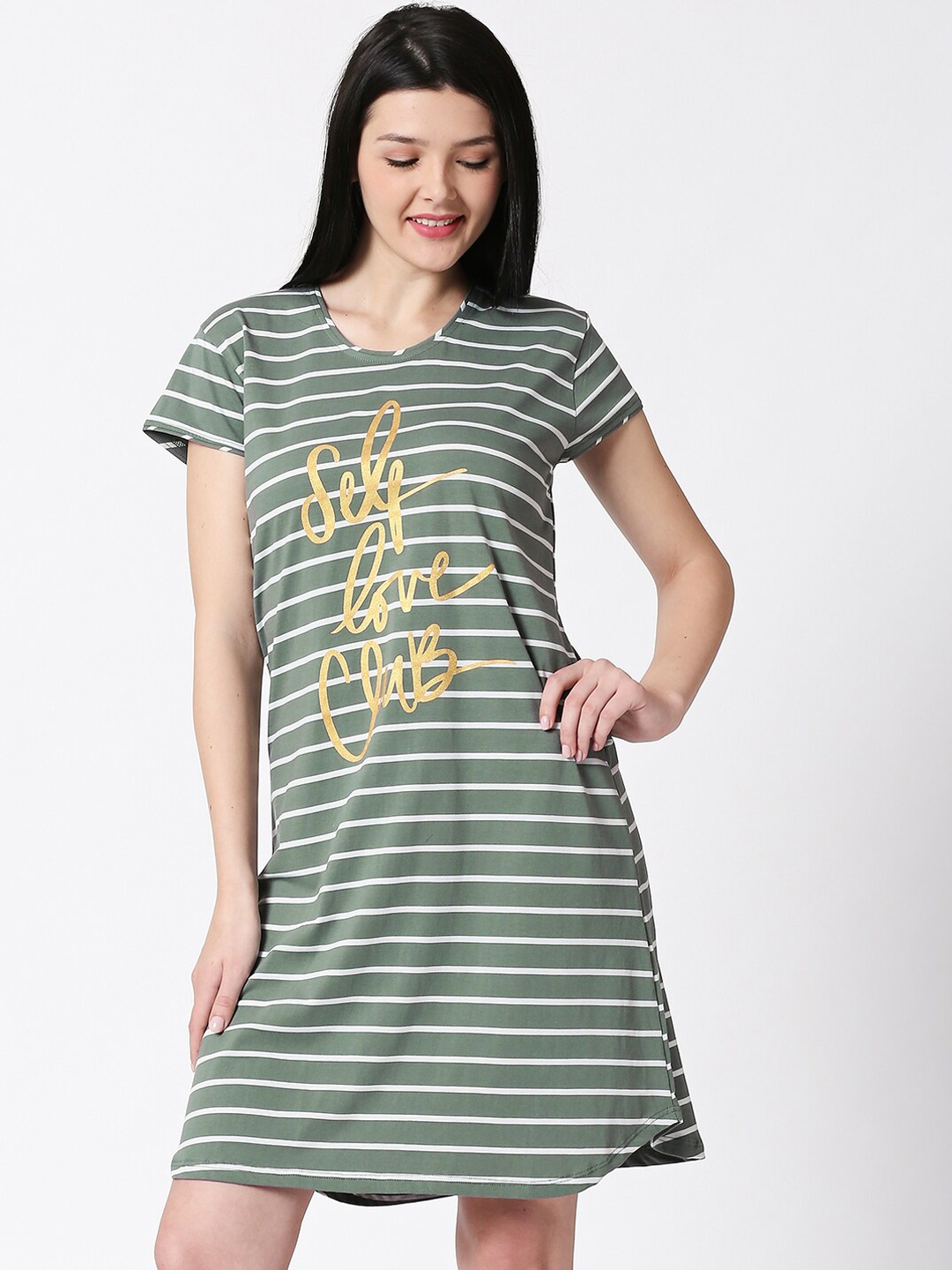 

I like me Women Olive Green & White Striped Nightdress