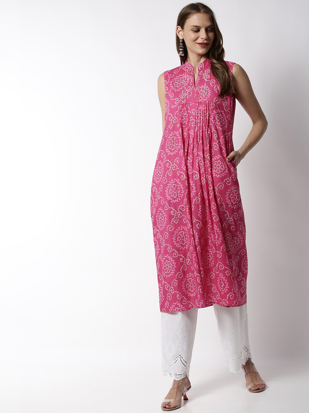 

Soch Women Pink & White Printed Bandhani Straight Kurta