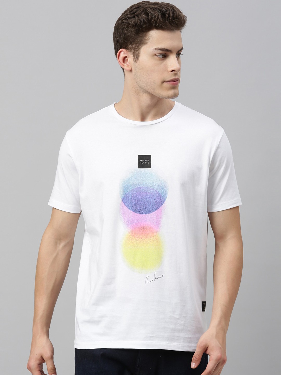

RARE RABBIT Men White Printed Round Neck T-shirt