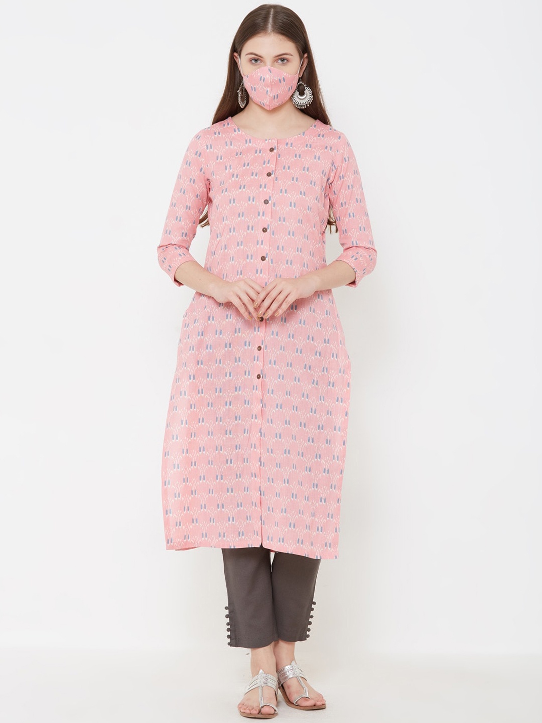 

FASHOR Women Pink & Blue Woven Design Straight Kurta