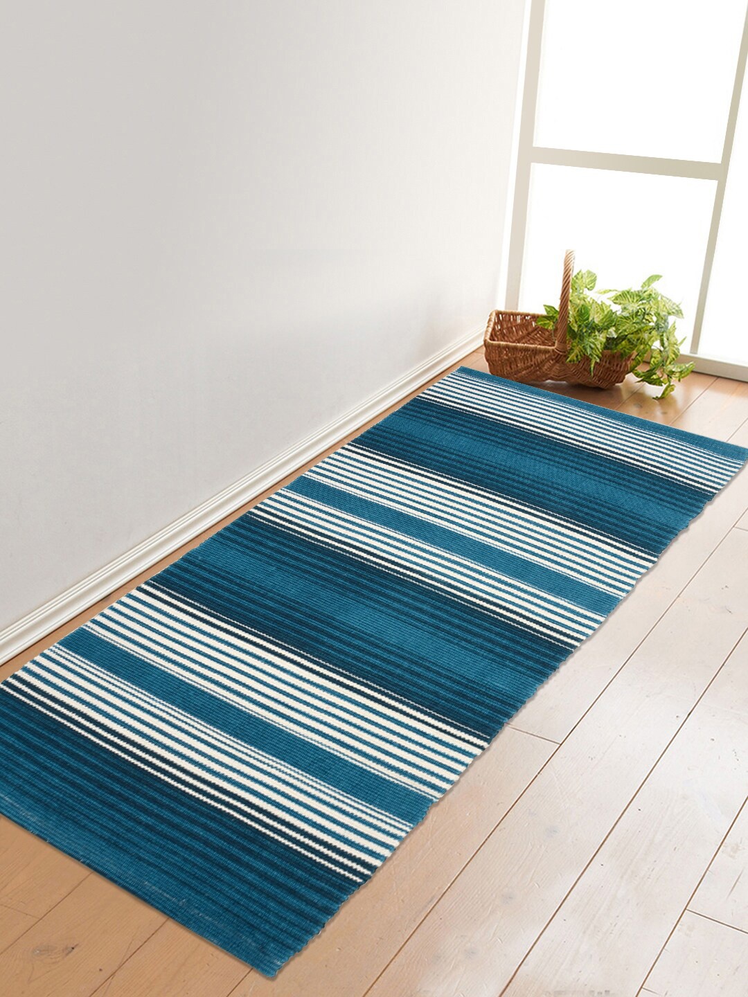 

Saral Home Turquoise Blue & White Striped Multi-Purpose Dhurrie