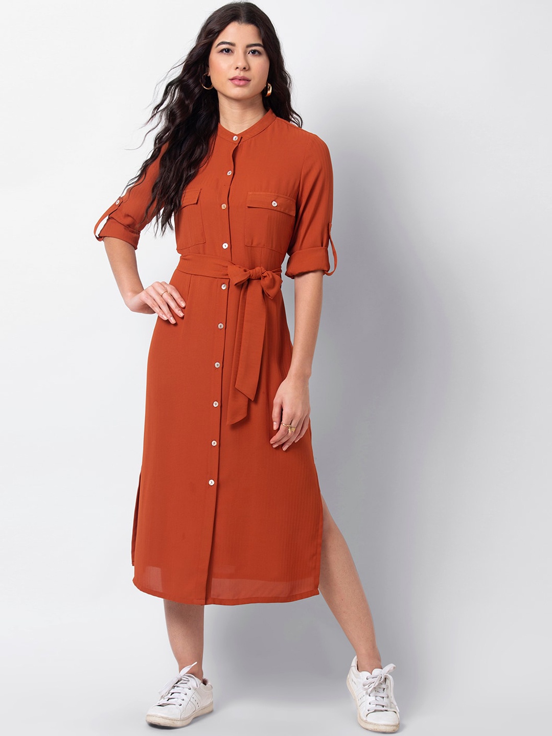 

FabAlley Women Rust Orange Solid Shirt Dress
