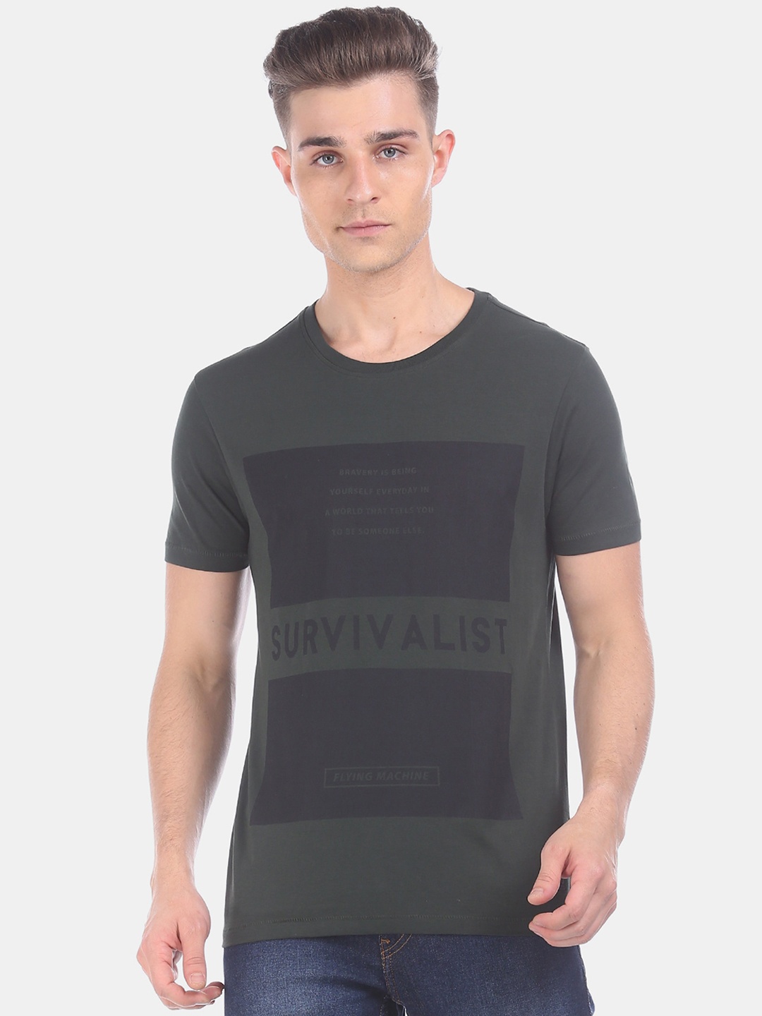 

Flying Machine Men Grey Printed Round Neck T-shirt
