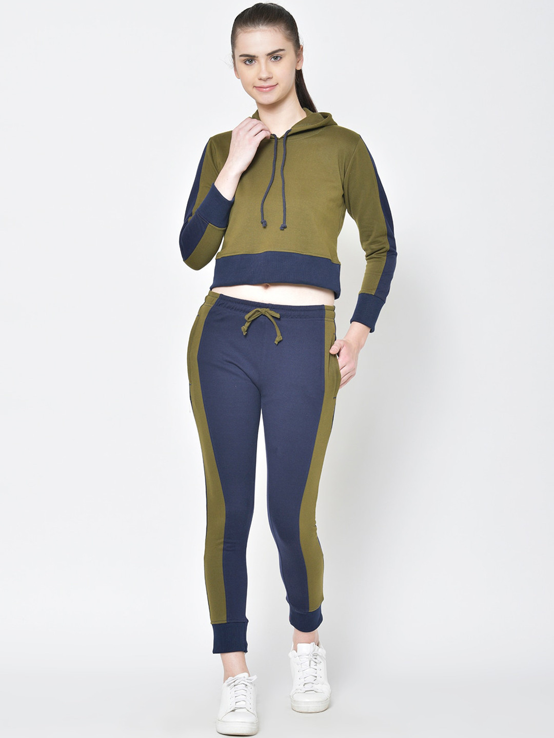 

American-Elm Women Navy Blue & Olive Green Solid Hooded Track Suit