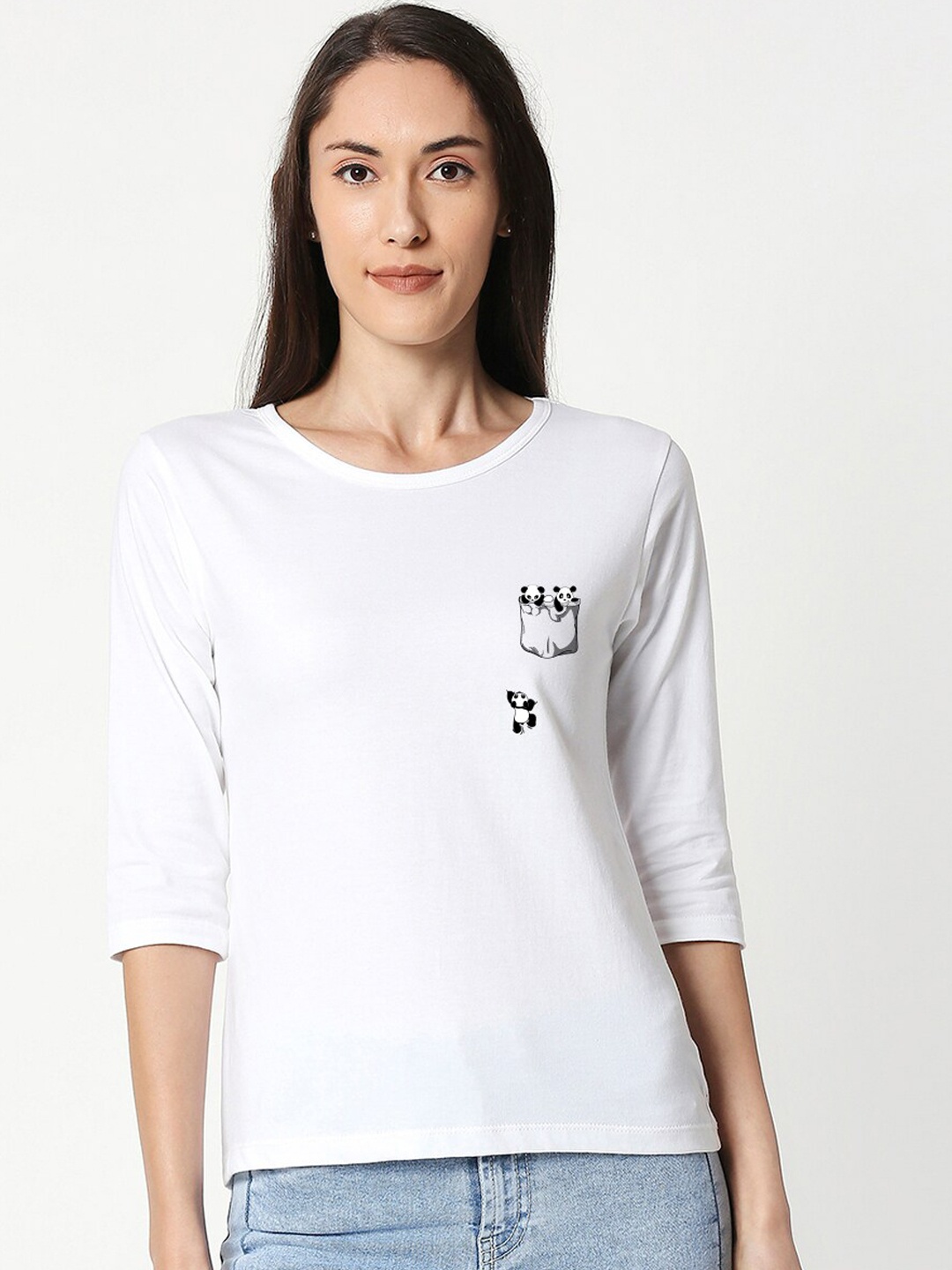 

Bewakoof Women White & Black Panda Printed Slim Fit T-shirt