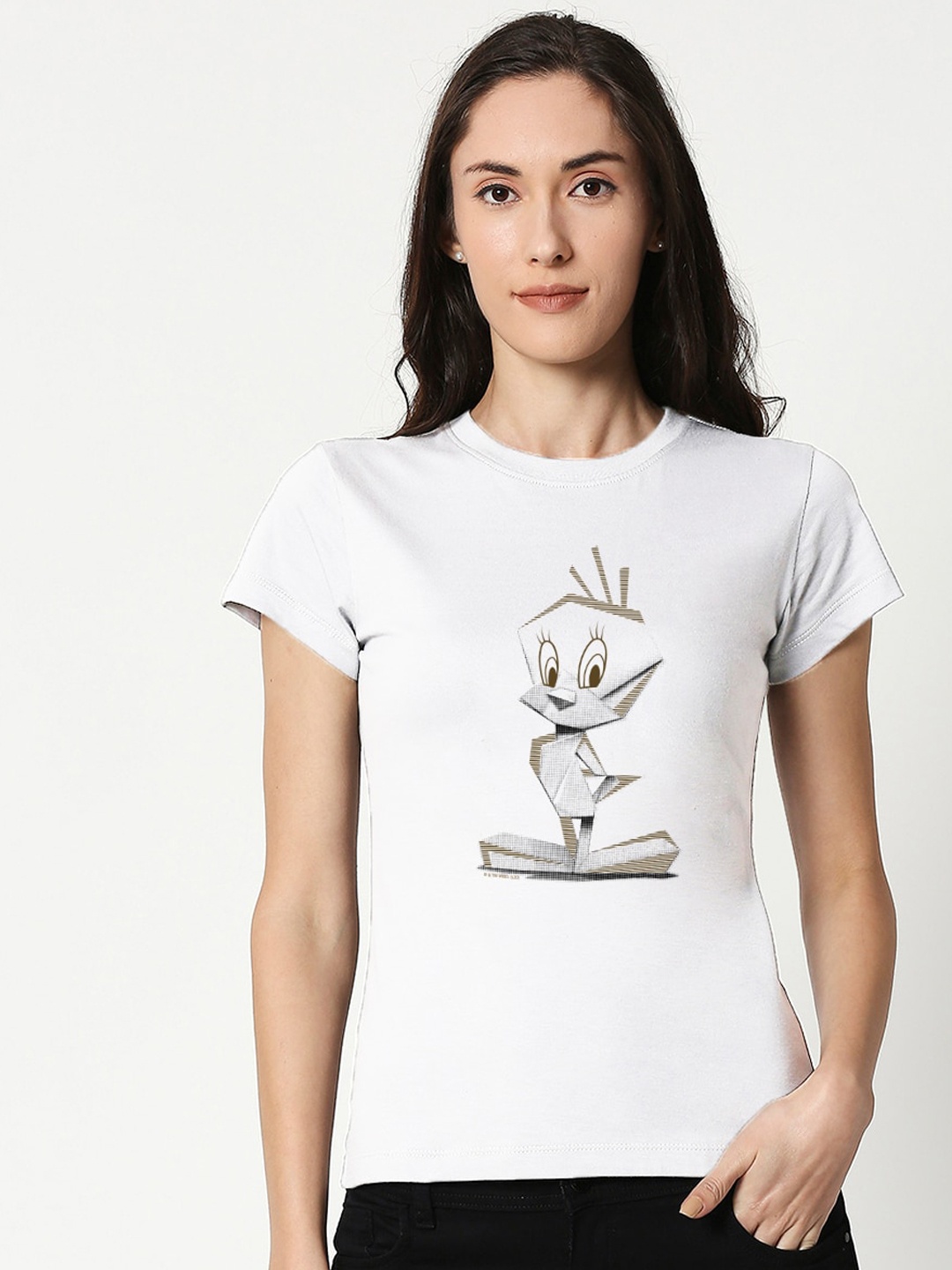 

Bewakoof Women White & Beige Tweety Printed Round Neck T-shirt