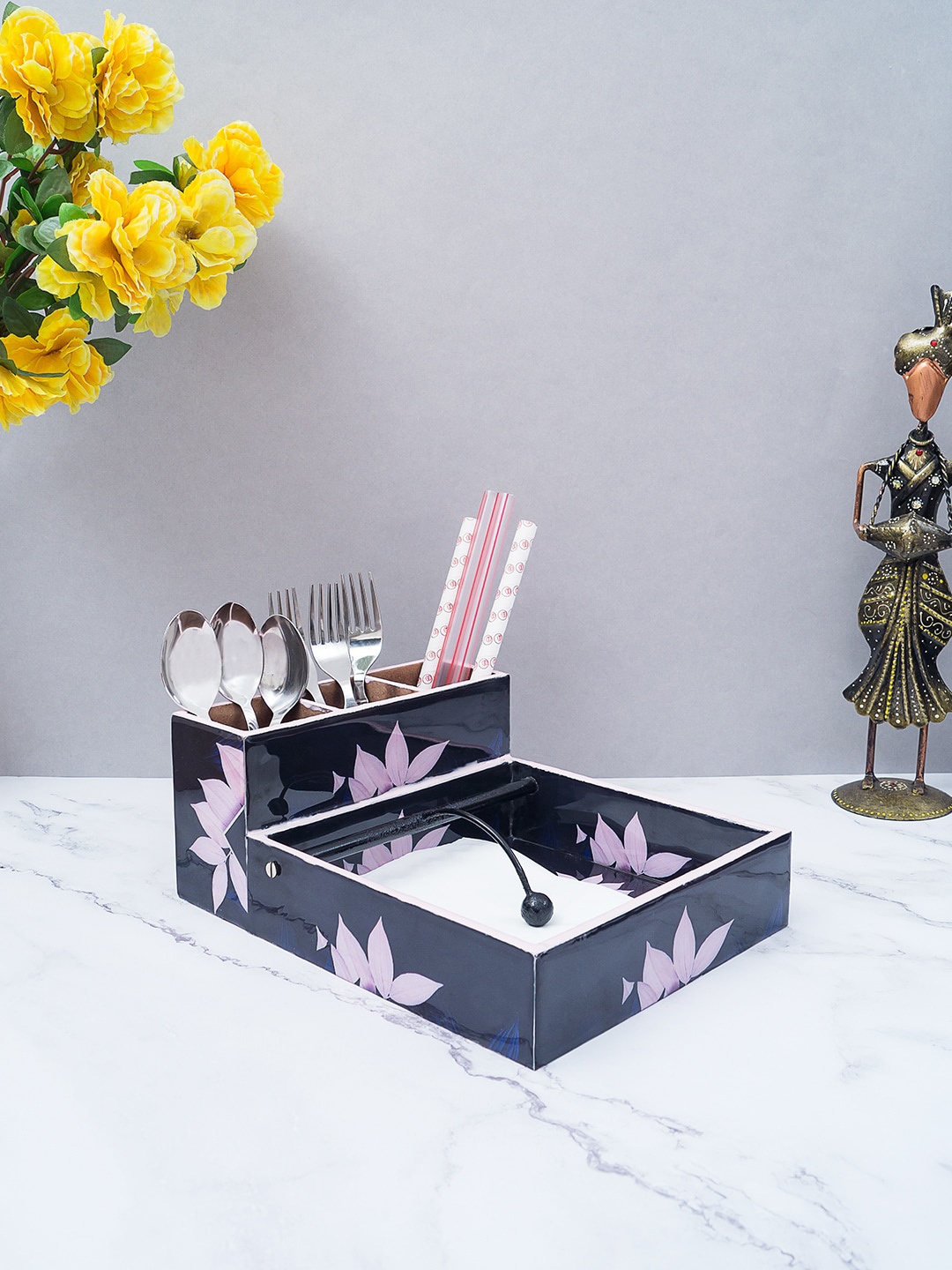 

Golden Peacock Black & Pink Printed MDF Cutlery & Tissue Holder