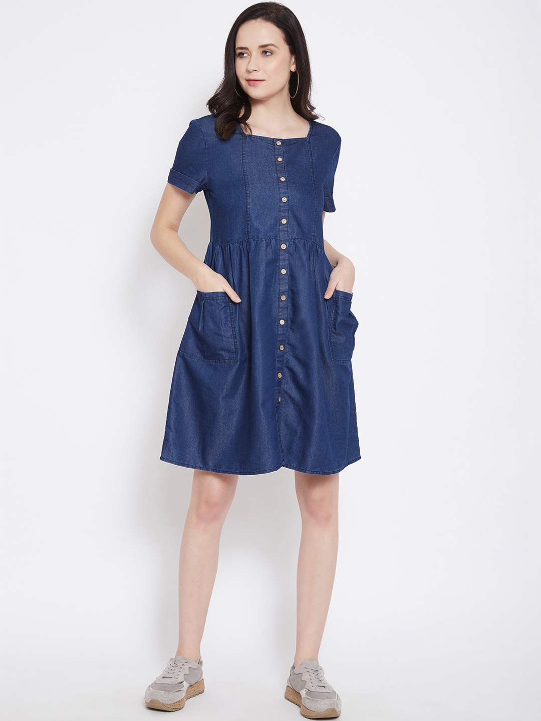 

Ruhaans Women Blue Solid Denim A-Line Dress
