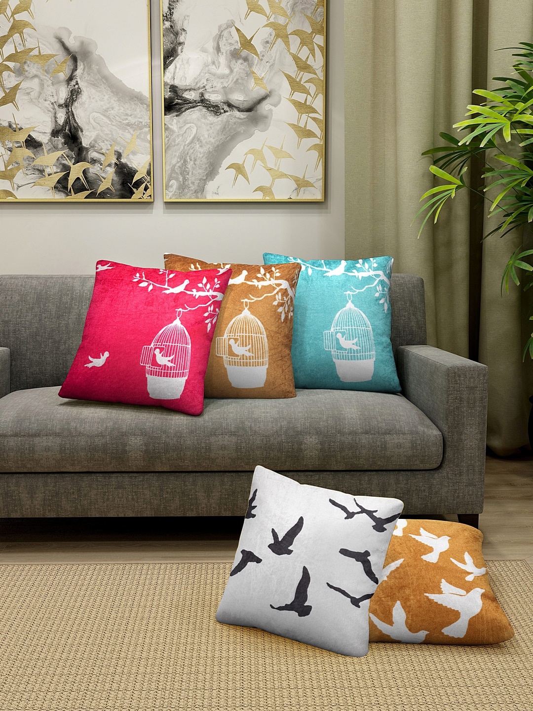 

HOSTA HOMES Multicoloured Set of 5 Self Design Square Cushion Covers, Multi