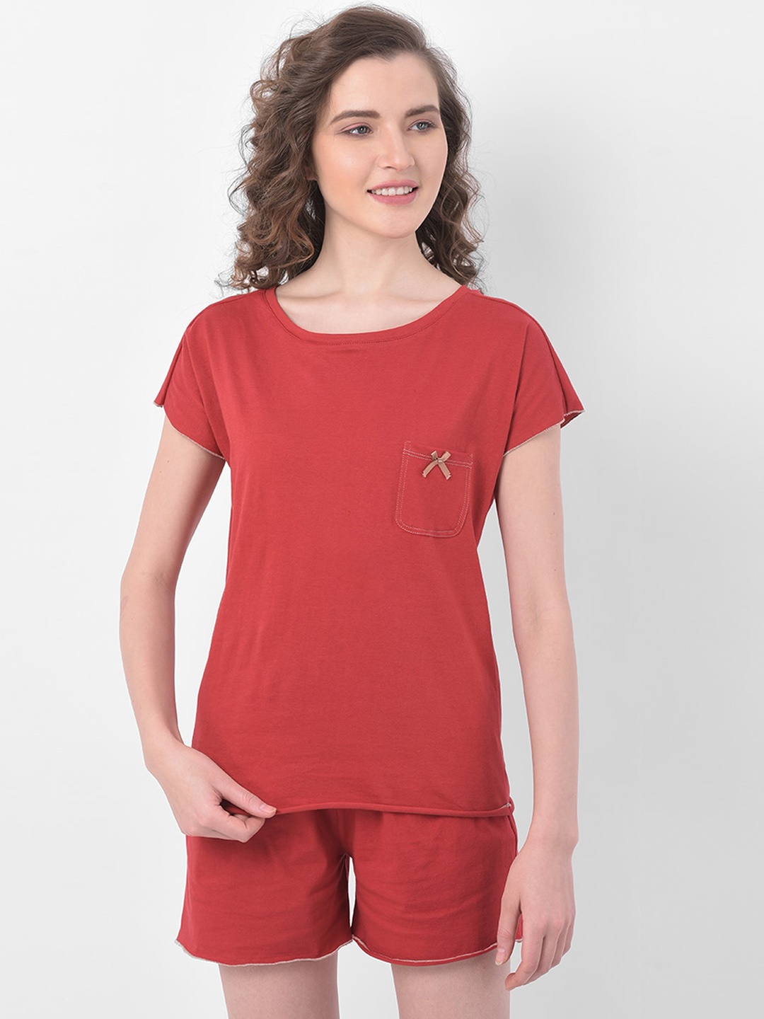 Clovia Women Red Solid Night suit