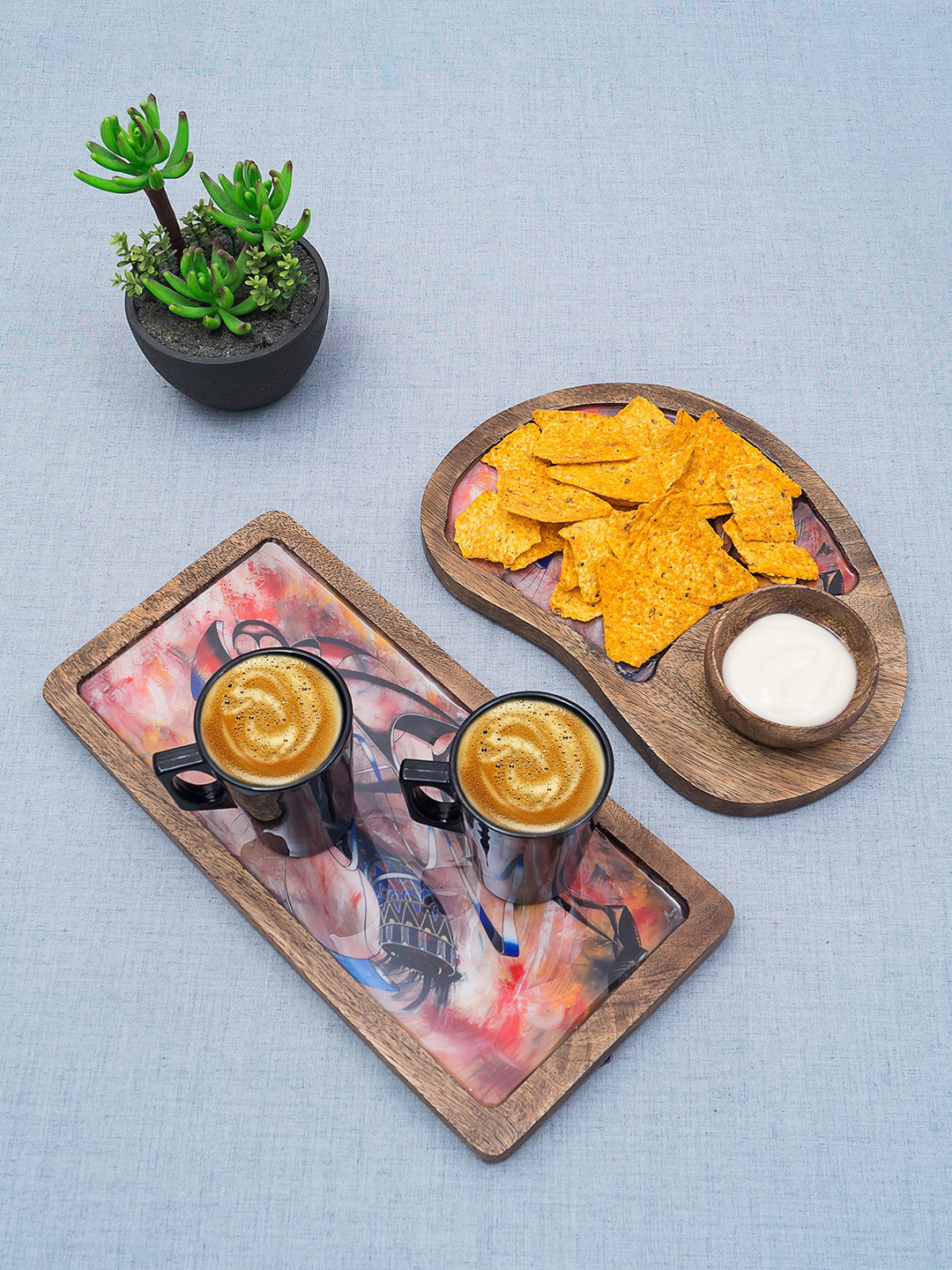 

Golden Peacock Set Of 2 Brown & Red Printed Wooden Trays With Bowl
