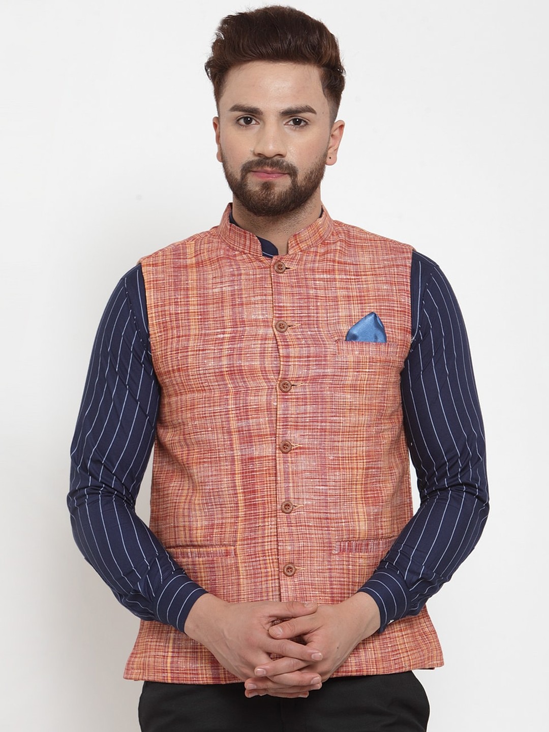 

KLOTTHE Men Orange & Red Checked Woven Pure Cotton Nehru Jacket
