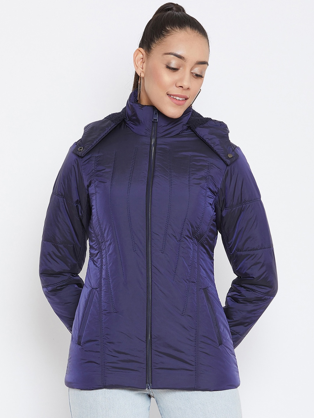 

Spirit Women Navy Blue Solid Windcheater Padded Jacket