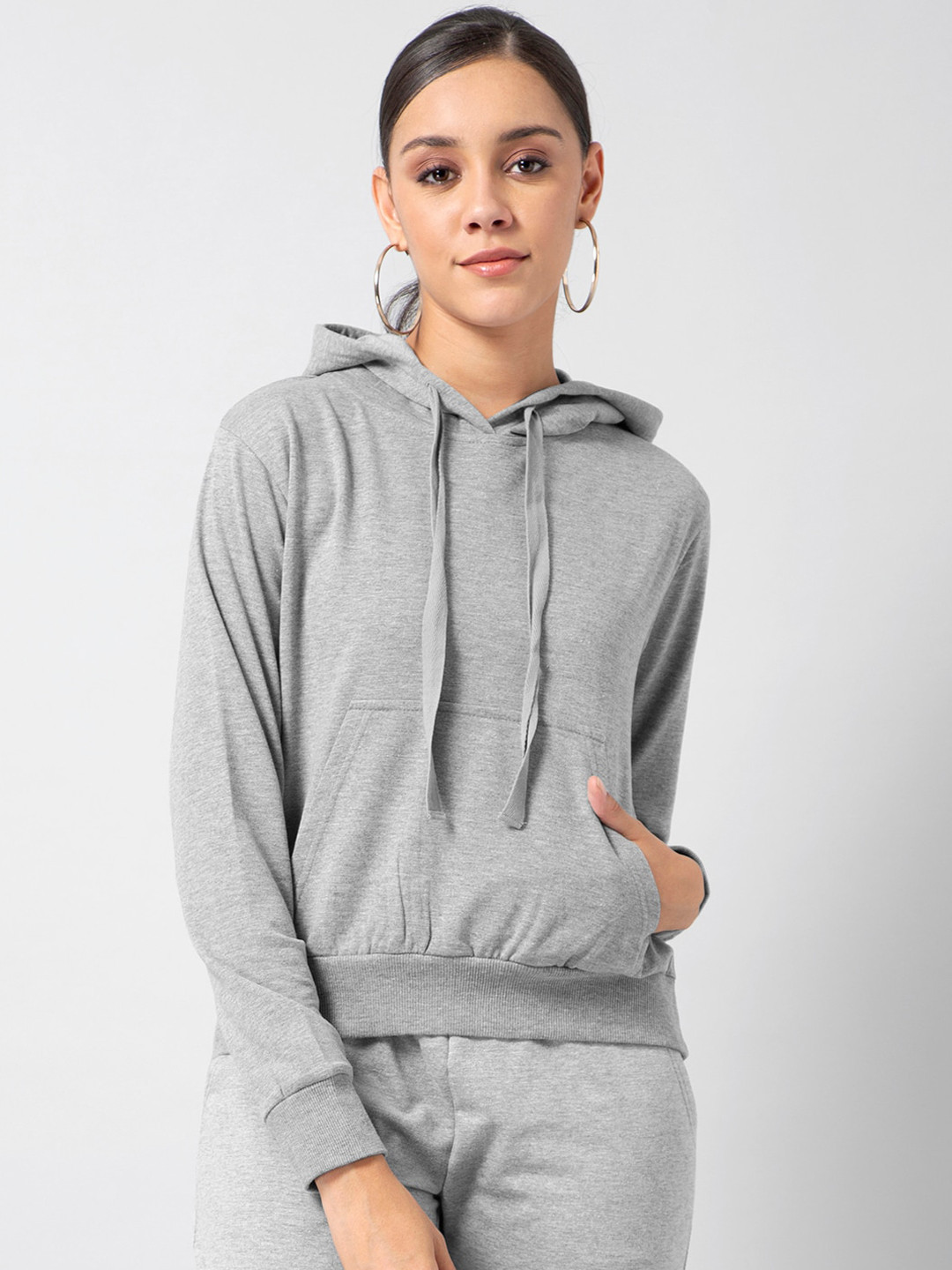 

FabAlley Women Grey Solid Hooded Sweatshirt