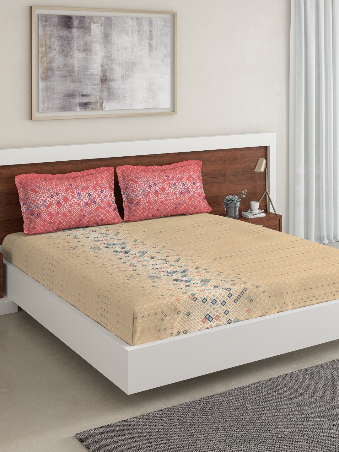 

DDecor Beige Geometric 144 TC Cotton 1 Queen Bedsheet with 2 Pillow Covers