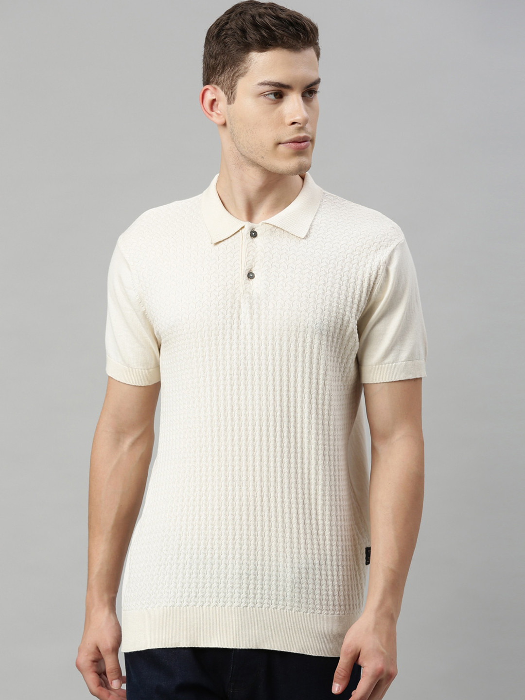 

RARE RABBIT Men Off-White Self Design Polo Collar T-shirt