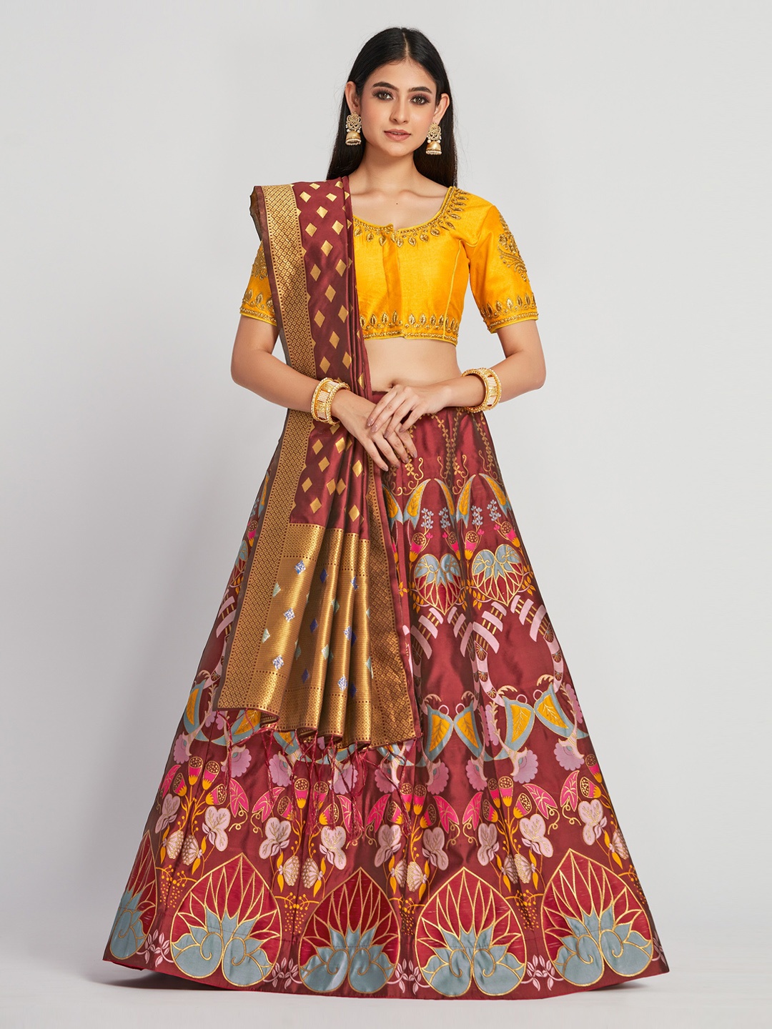 

MIMOSA Yellow & Maroon Embroidered Semi-Stitched Lehenga & Blouse with Dupatta