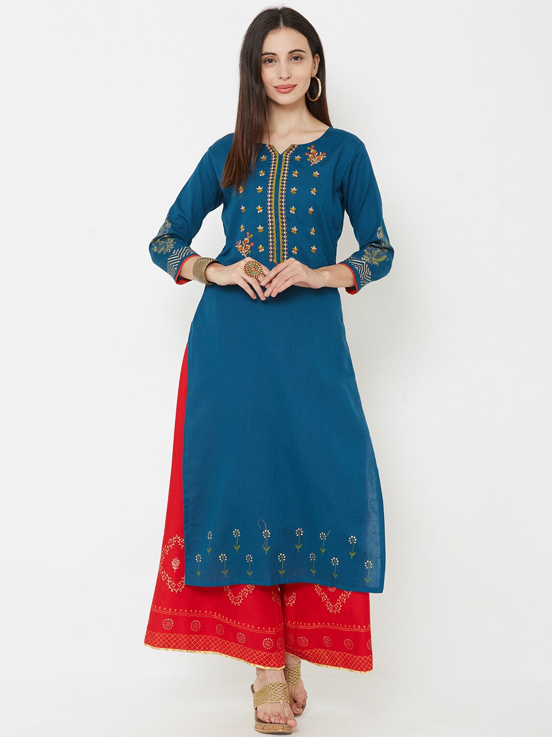 

FASHOR Women Teal Embroidered Straight Kurta