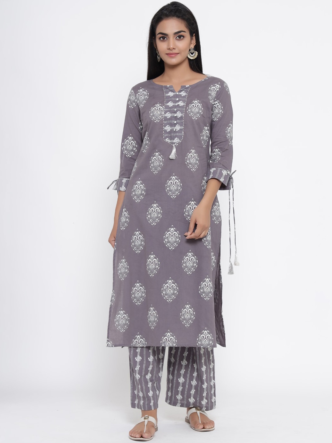 RANGMAYEE Women Grey & Off-White Printed Kurta with Palazzos