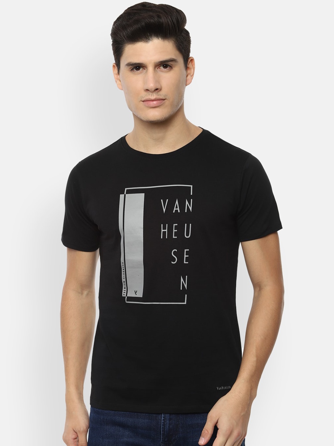 

V Dot Men Black Printed Round Neck Pure Cotton T-shirt