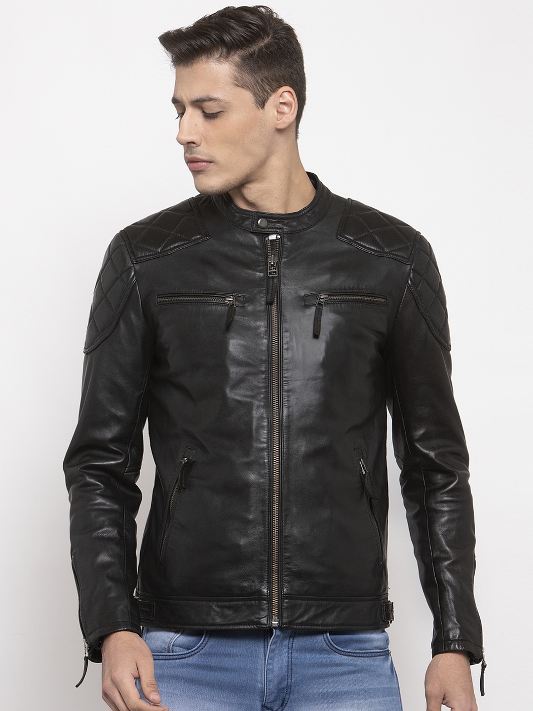 

WELBAWT Men Black Solid Lightweight Leather Jacket