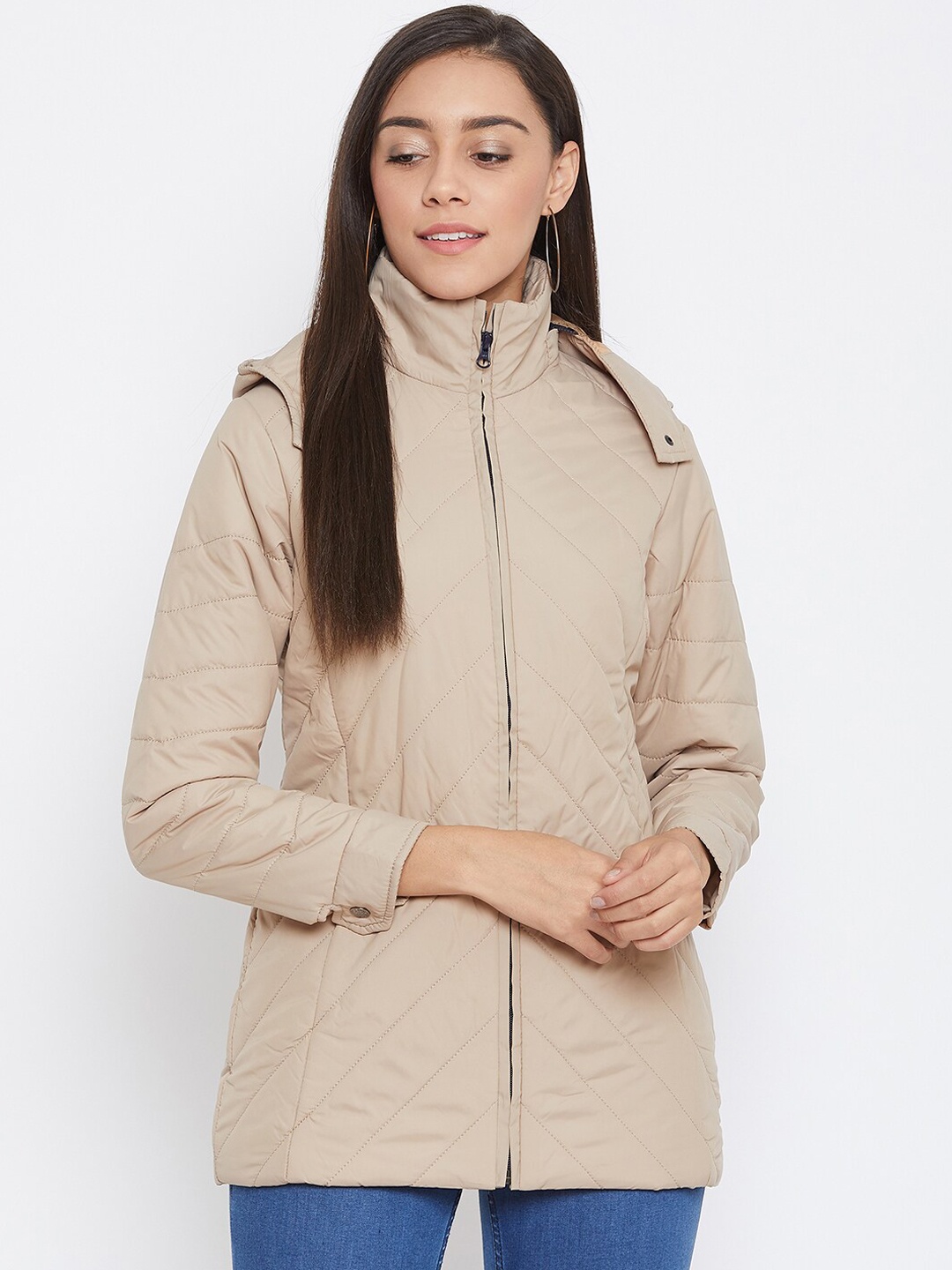 Spirit Women Beige Solid Windcheater Quilted Jacket