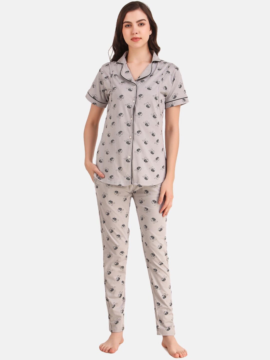 

Masha Women Grey & Black Printed Night suit