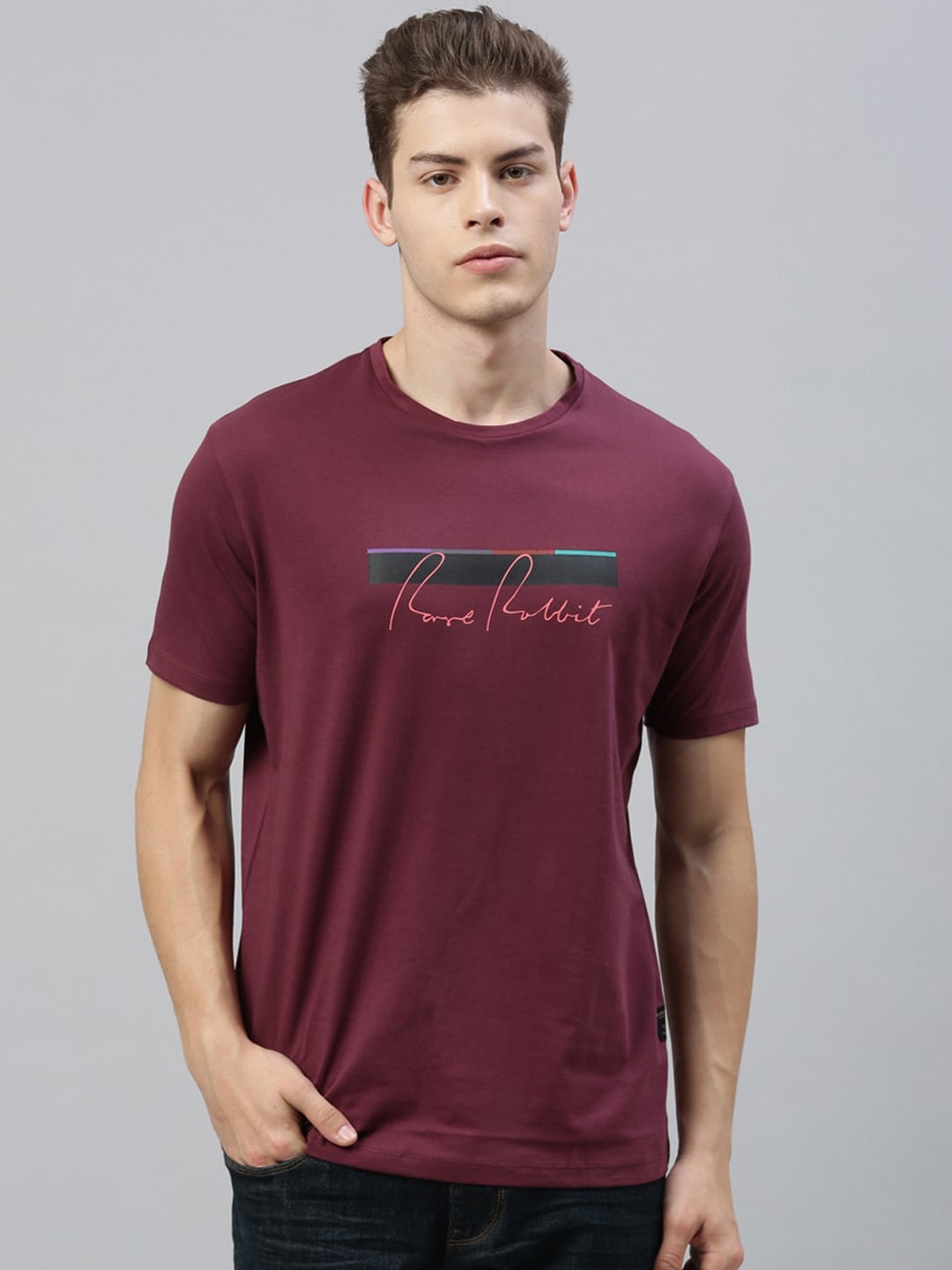 

RARE RABBIT Men Maroon Printed Round Neck T-shirt