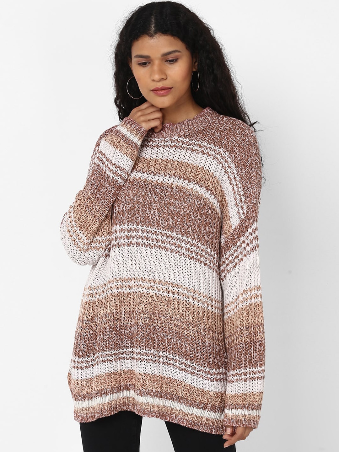 

AMERICAN EAGLE OUTFITTERS Women Brown Striped Acrylic Pullover Sweater