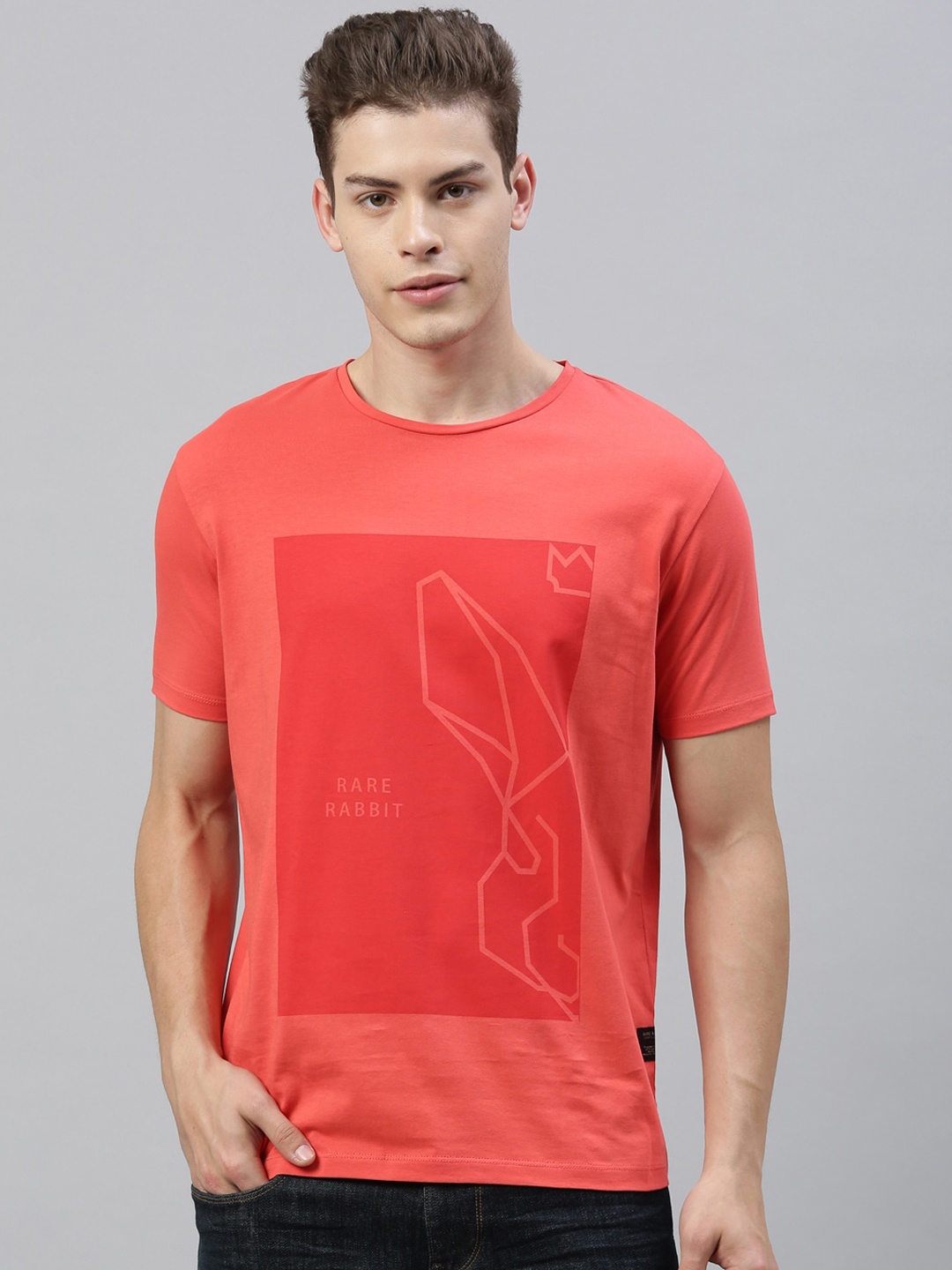 

RARE RABBIT Men Coral Printed Round Neck T-shirt