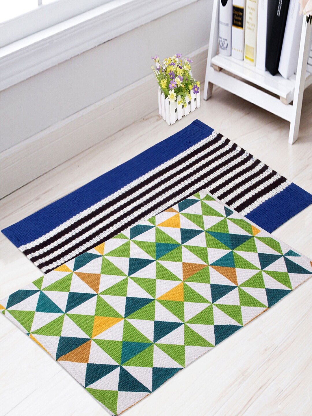 

Saral Home Set of 2 Blue and White Geometric Print Modern Cotton Rug