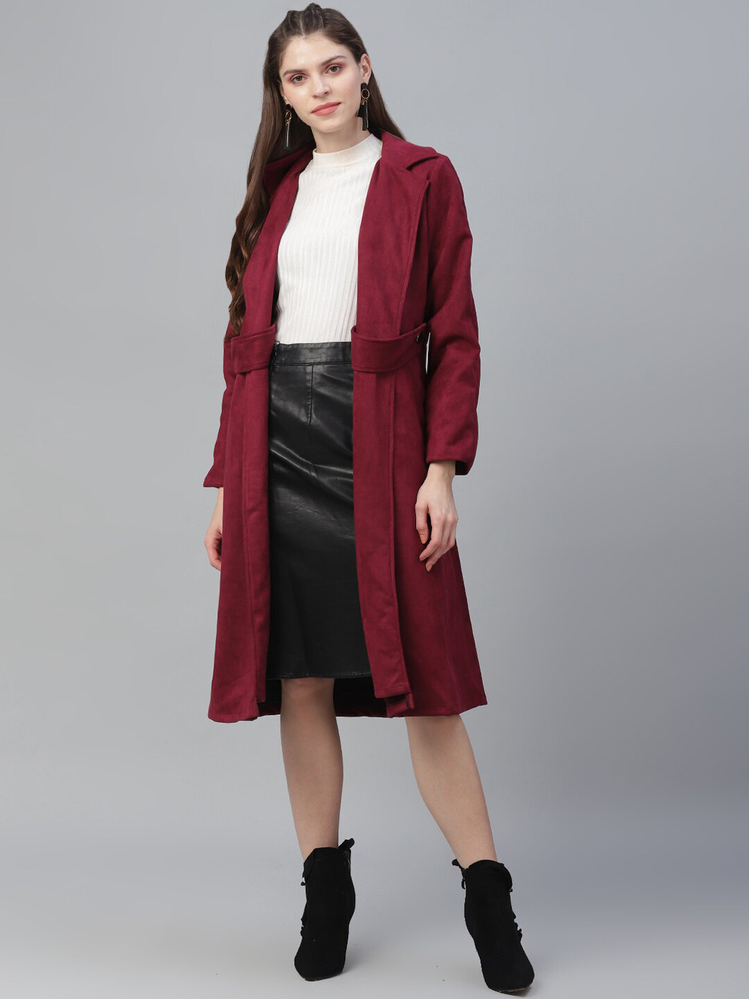 

Athena Women Burgundy Solid Suede Coat With Side Flap Detail