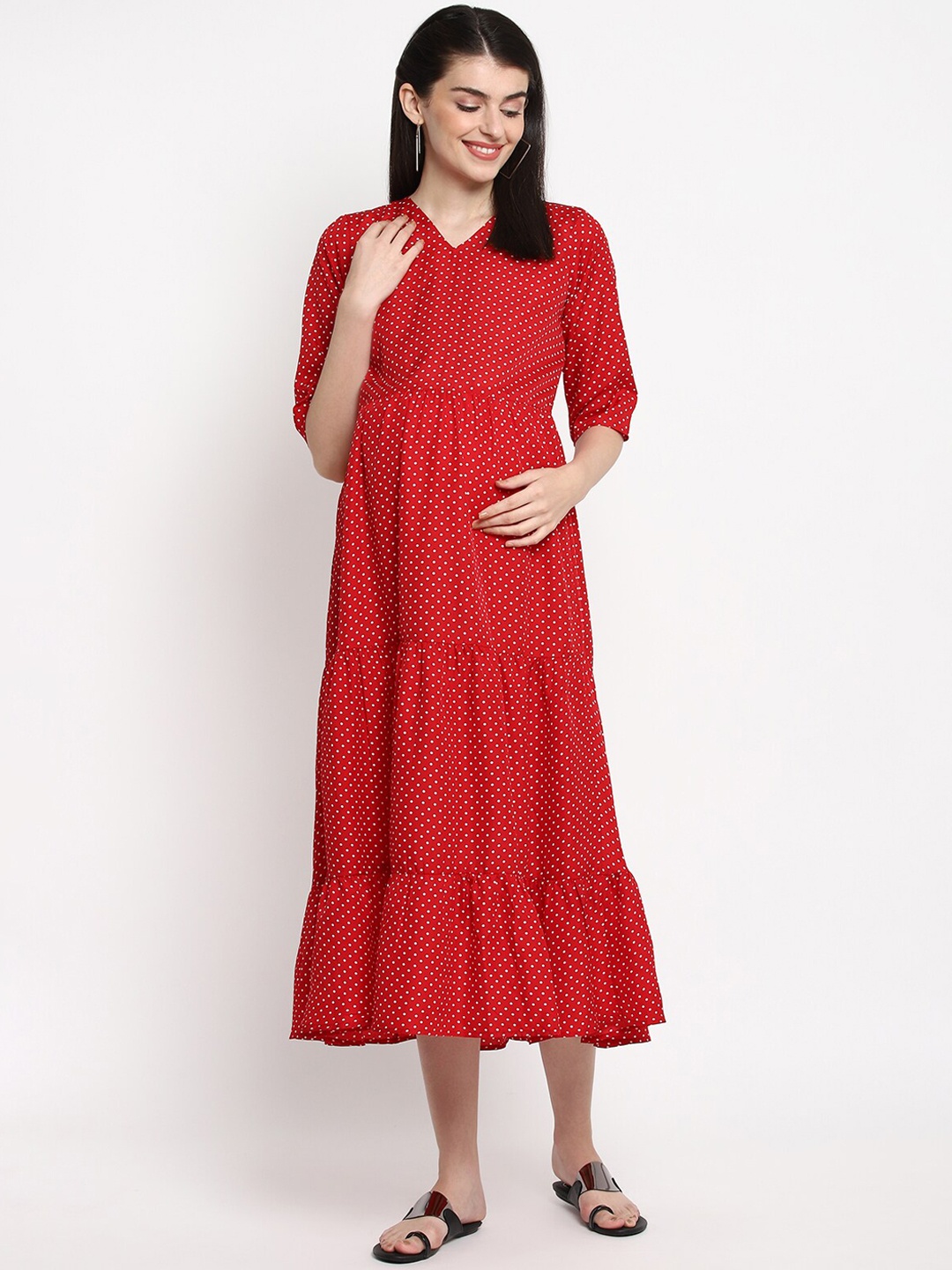 

The Vanca Women Red Printed Empire Maternity Maxi Dress