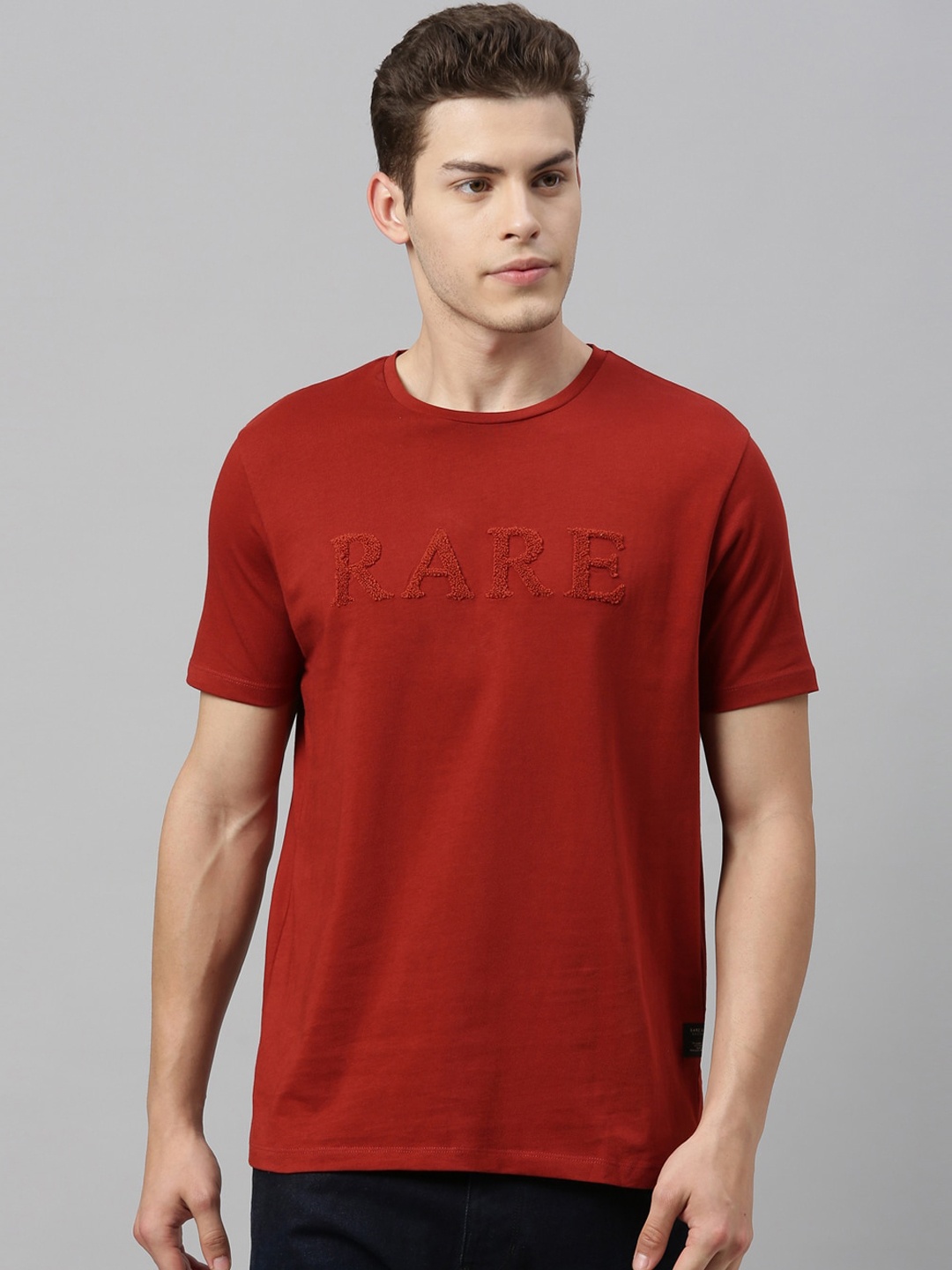 

RARE RABBIT Men Red Self Design Round Neck T-shirt