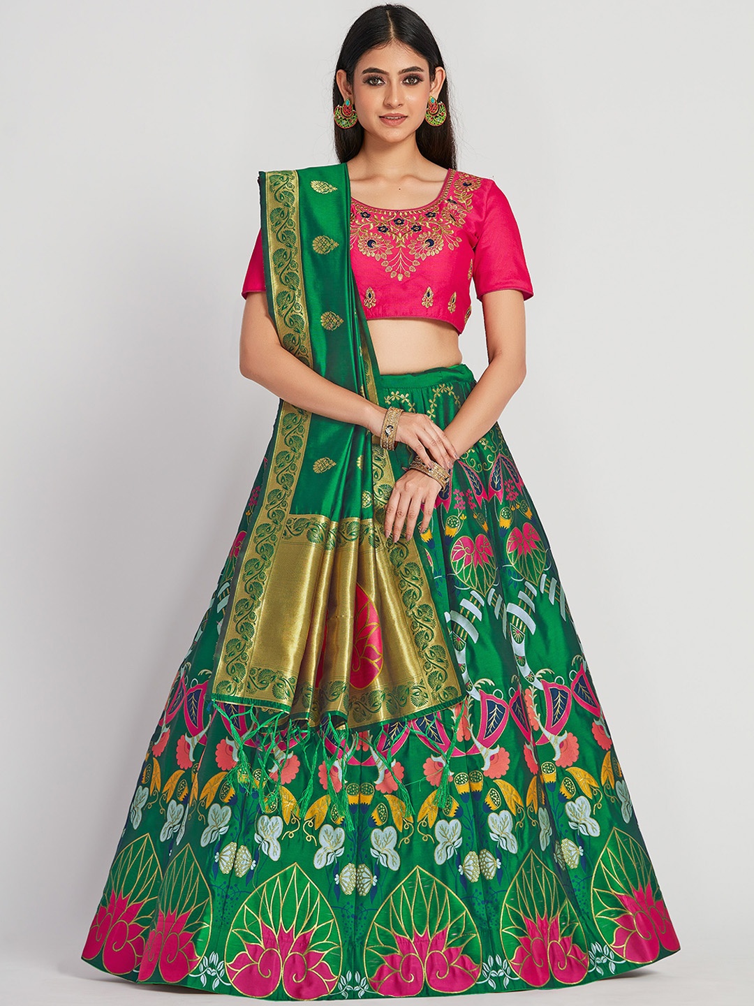 

MIMOSA Green & Pink Woven Design Semi-Stitched Lehenga & Blouse with Dupatta