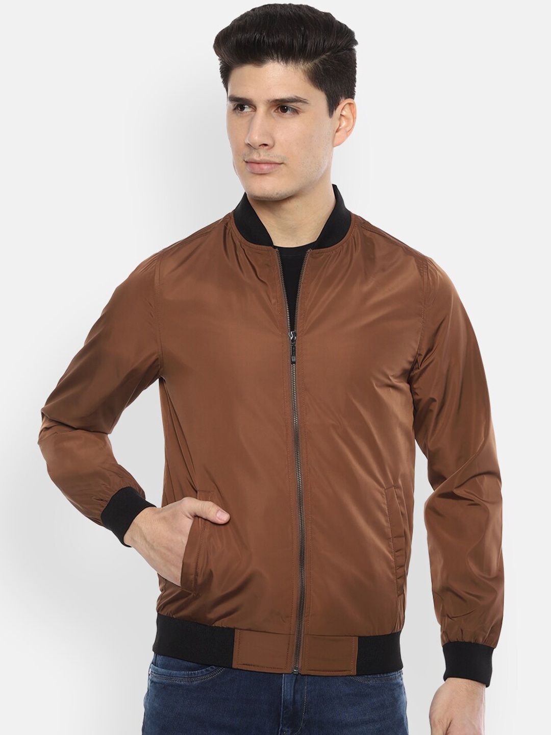 

V Dot Men Brown Solid Bomber Jacket