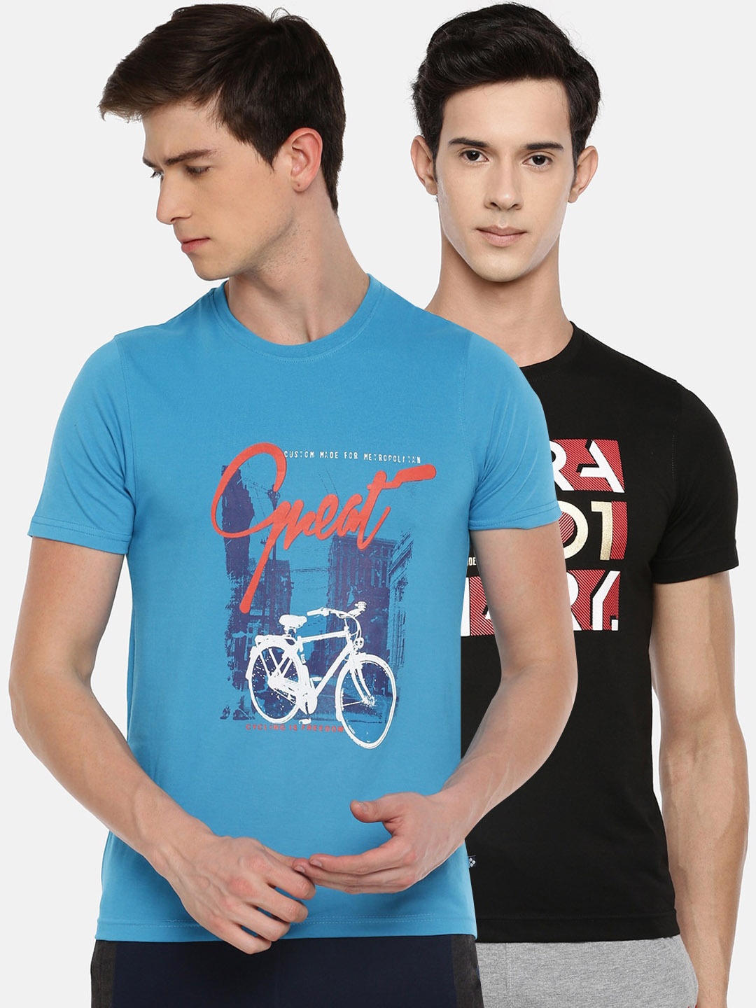 

Dollar Men Pack Of 2 Blue & Black Printed Round Neck T-shirts