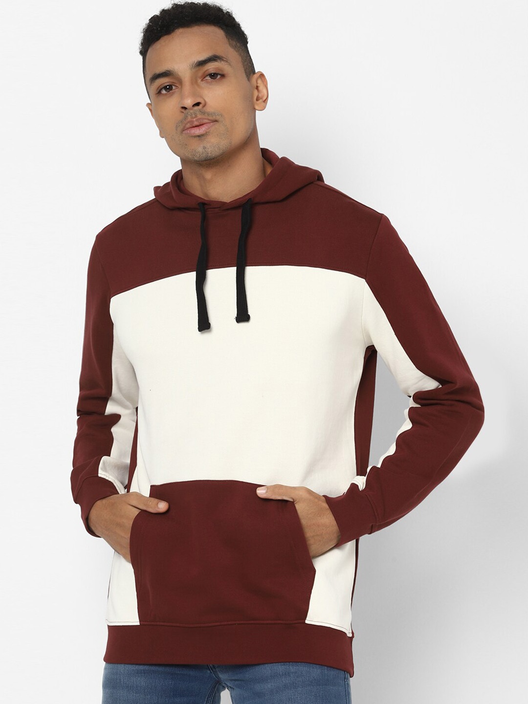 

Allen Solly Sport Men Maroon & White Colourblocked Hooded Sweatshirt