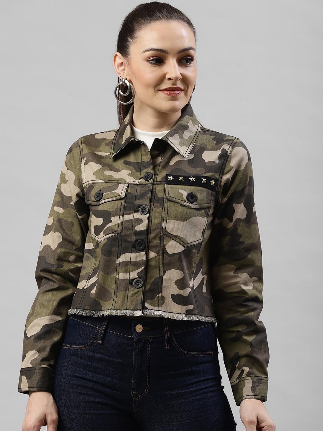 

KASSUALLY Women Olive Green & Grey Camouflage Printed Denim Jacket