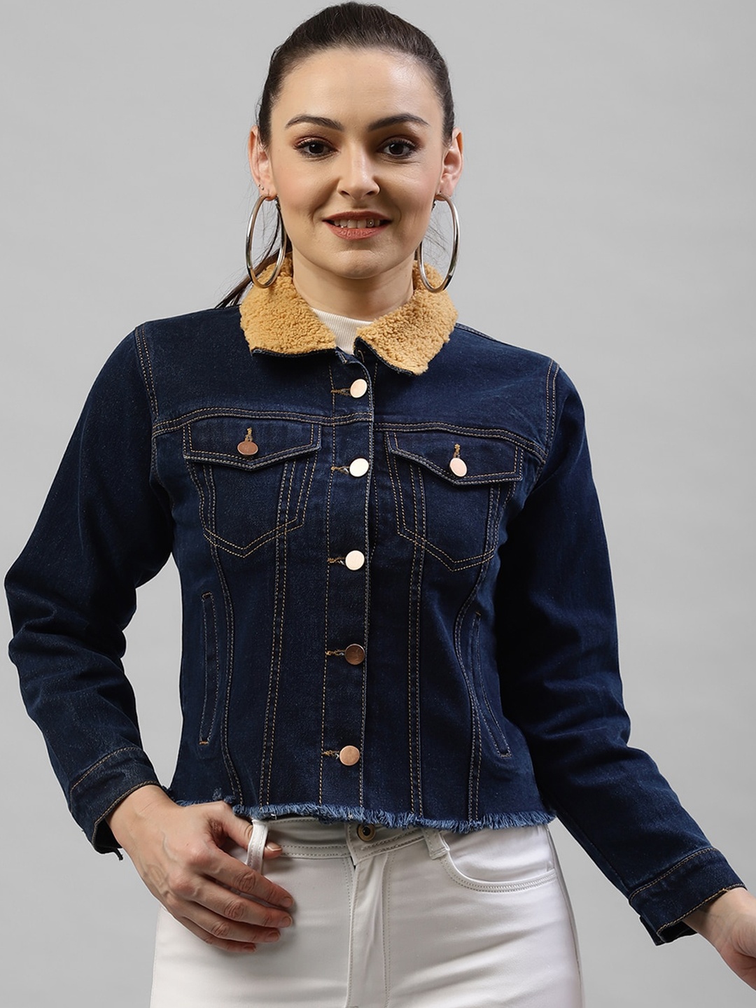 

KASSUALLY Women Navy Blue Solid Denim Jacket