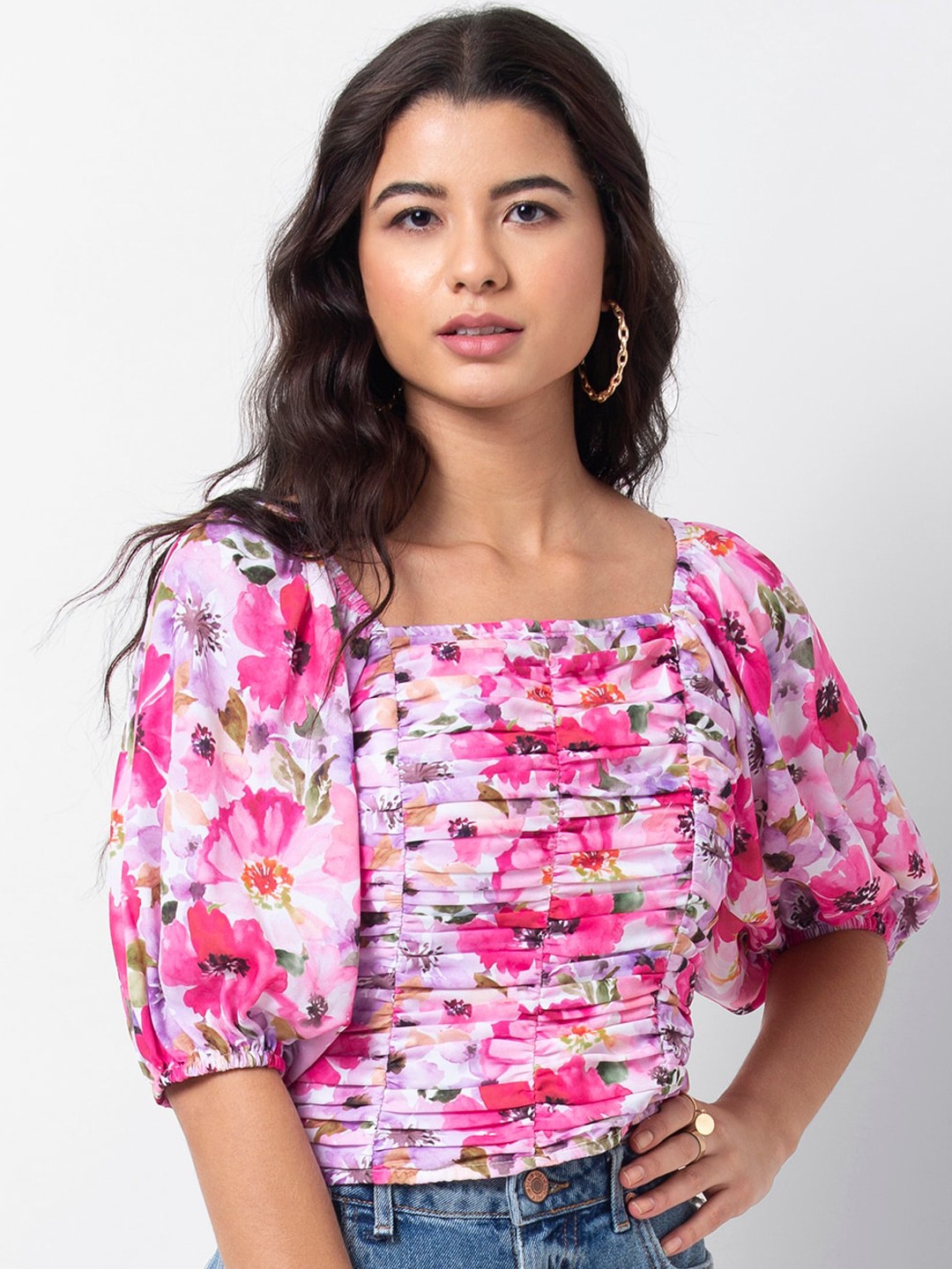 

FabAlley Women Pink Printed Blouson Top