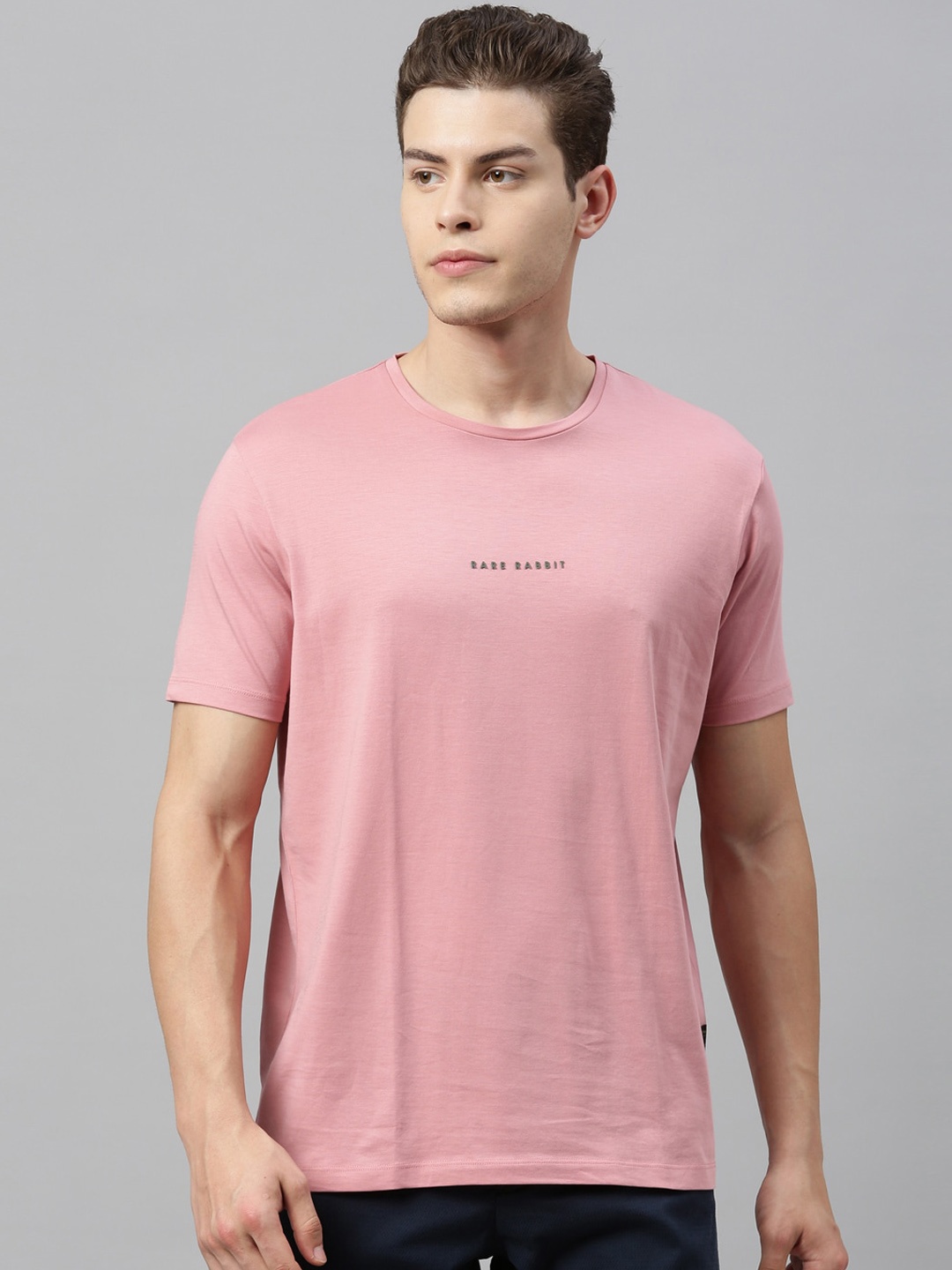

RARE RABBIT Men Pink Solid Round Neck T-shirt