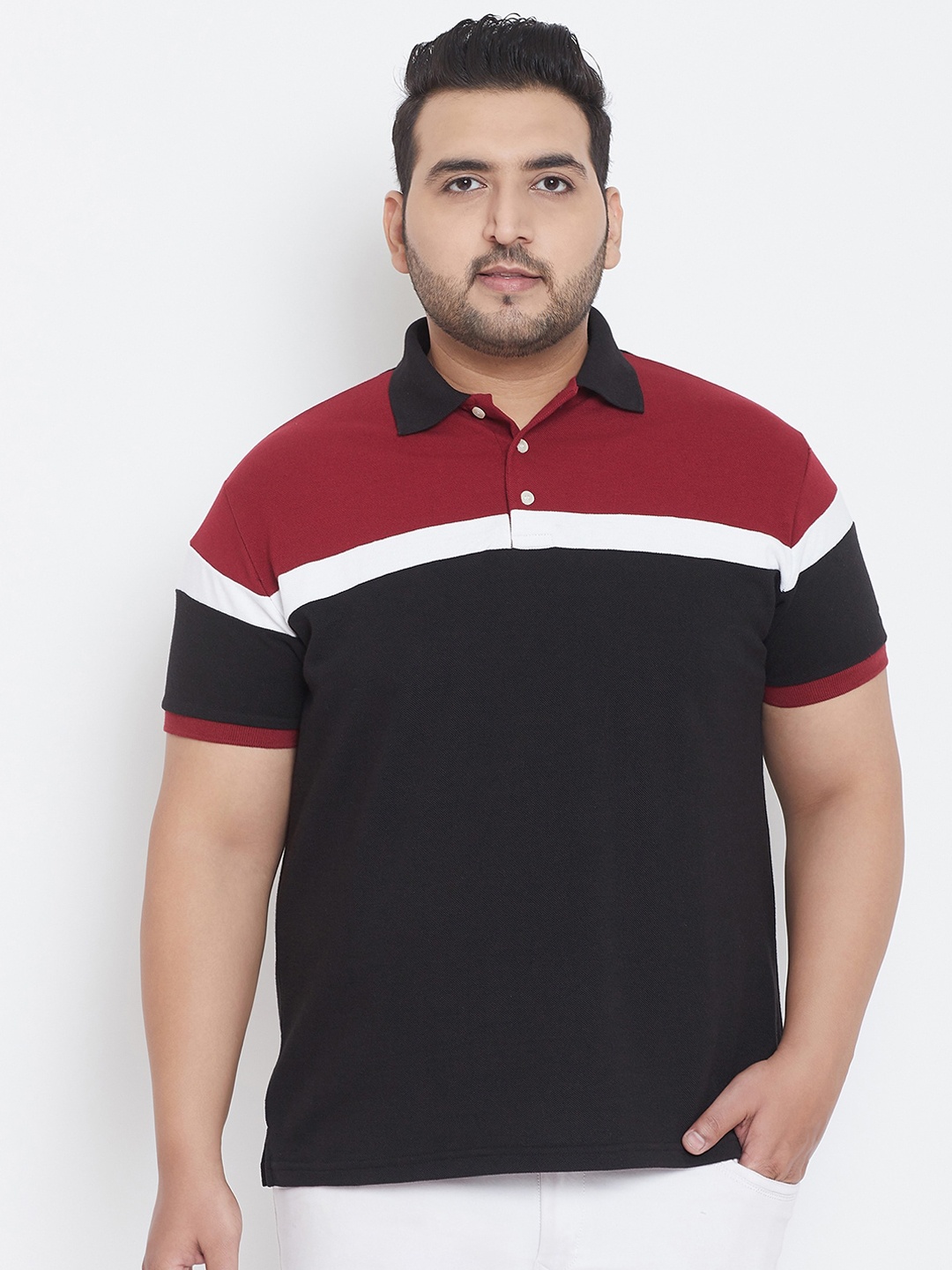 bigbanana Men Plus Size Maroon Colourblocked Polo Collar T-shirt