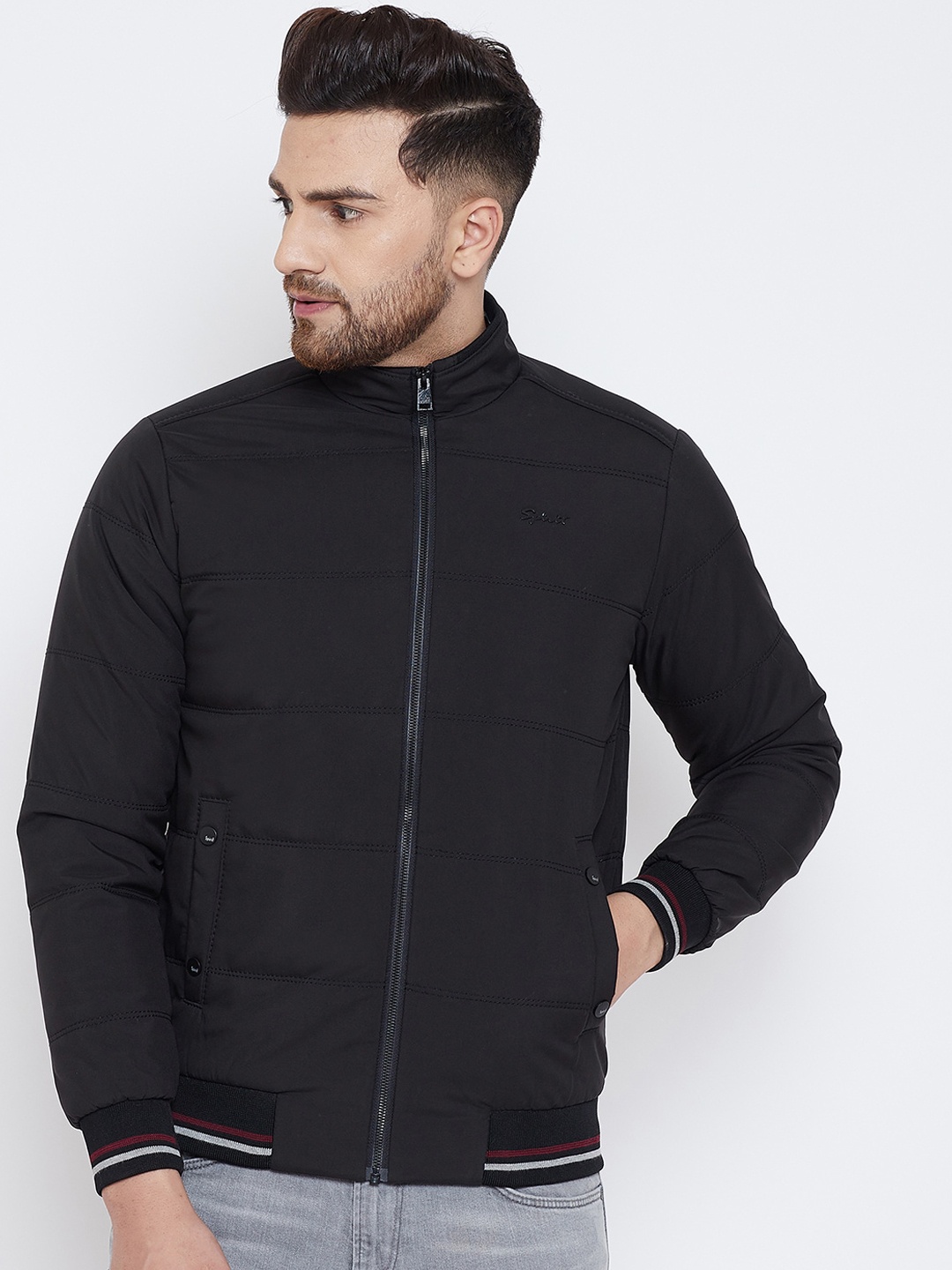

Spirit Men Black Striped Windcheater Puffer Jacket