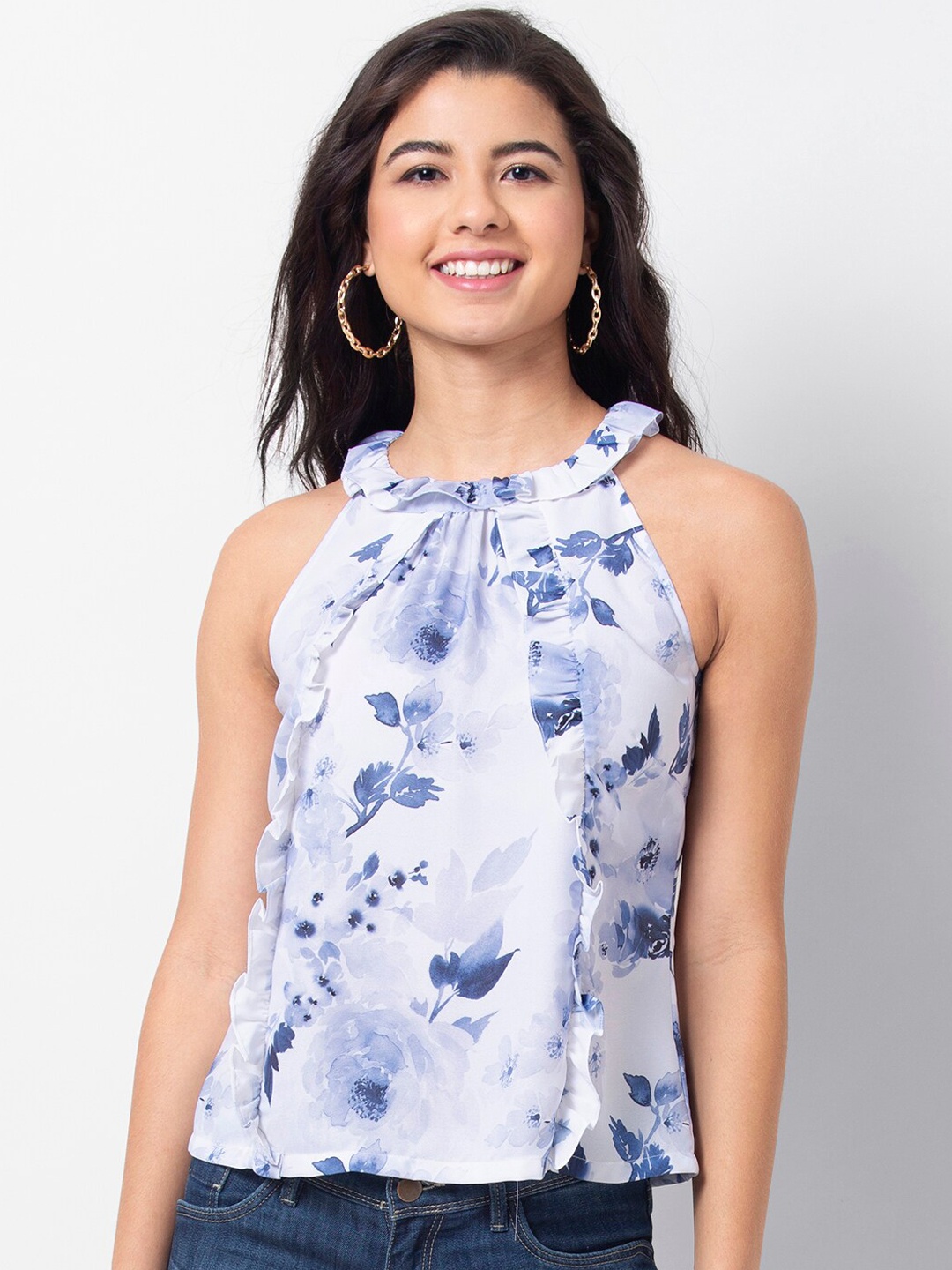 

FabAlley Women Blue & White Printed Top